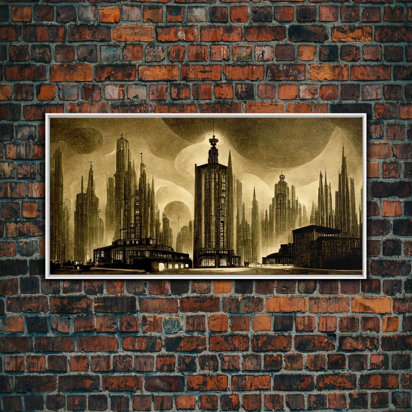 Dystopian Metropolis Art Deco Canvas Print, City Skyline, Fantasy Art, Art Deco Living Room Art, ready to hang wall art - 10x20 Inches / White Frame