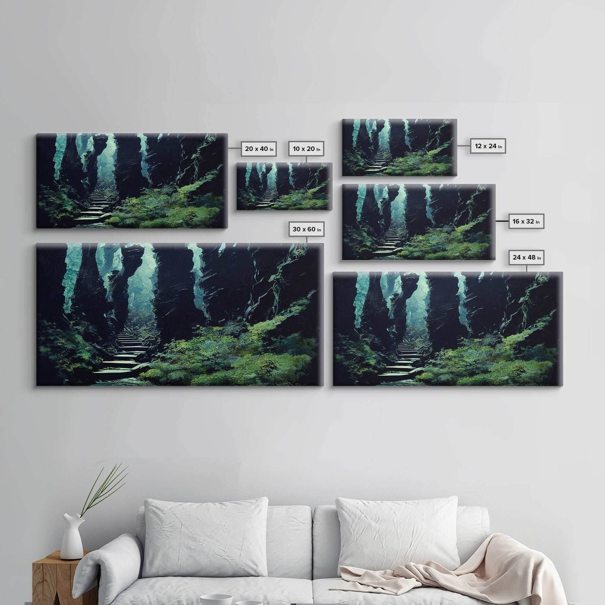 Fantasy Forest with Temple Steps, Wall Decor, Ready To Hang Framed Canvas Print, Oversize Wall Art - 10x20 Inches / Gallery Wrap Canvas - Ready To Hang
