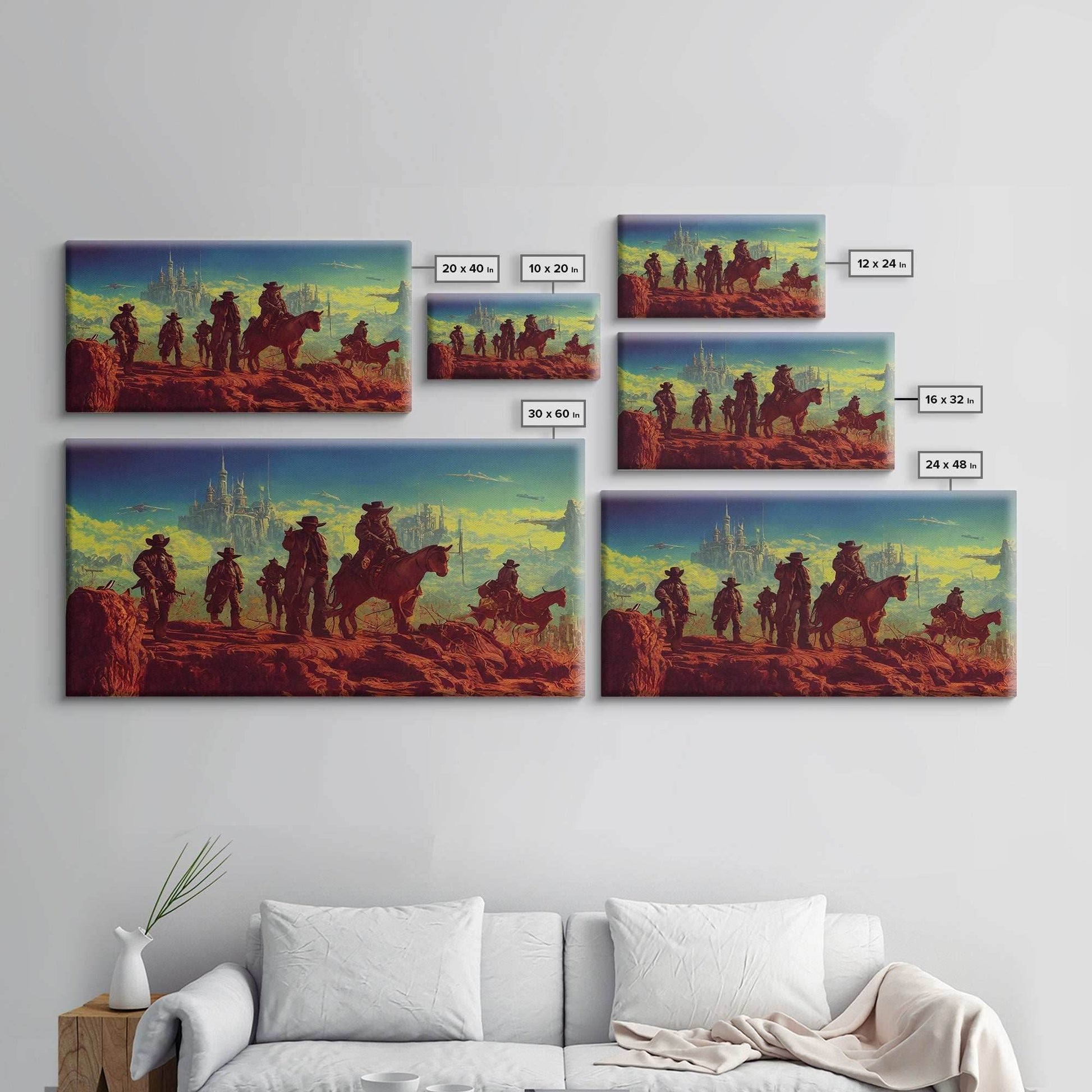 Space Cowboys, Wildwest Scifi Mashup Fantasy Art, framed canvas print, ready to hang framed wall art - 10x20 Inches / Gallery Wrap Canvas - Ready To Hang