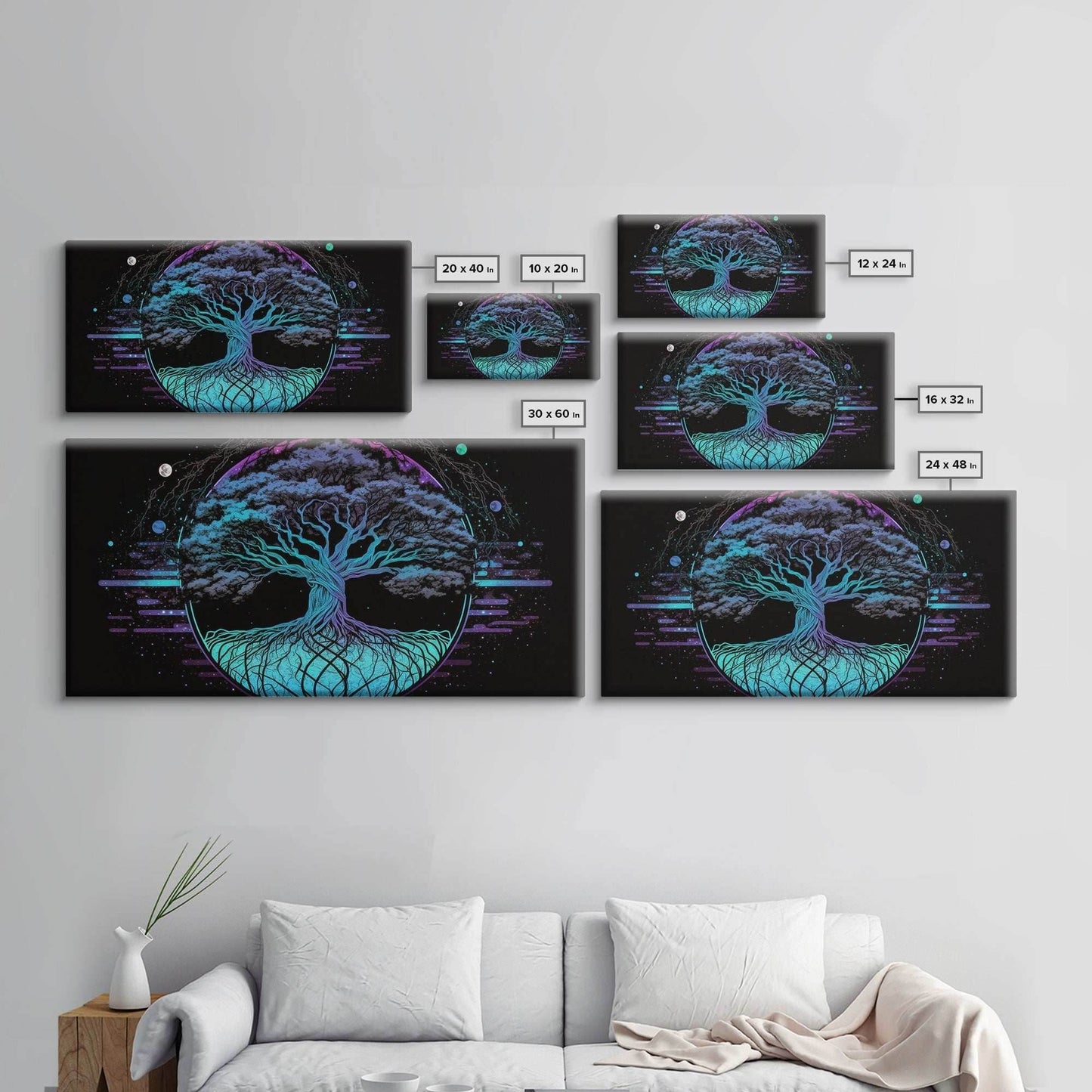 Norse Mythology Art, Synthwave Style Yggdrasil Tree of Life and the 9 Realms, Fantasy Art, Framed Canvas Print, Game Room Nordic Art - 10x20 Inches / Gallery Wrap Canvas - Ready To Hang
