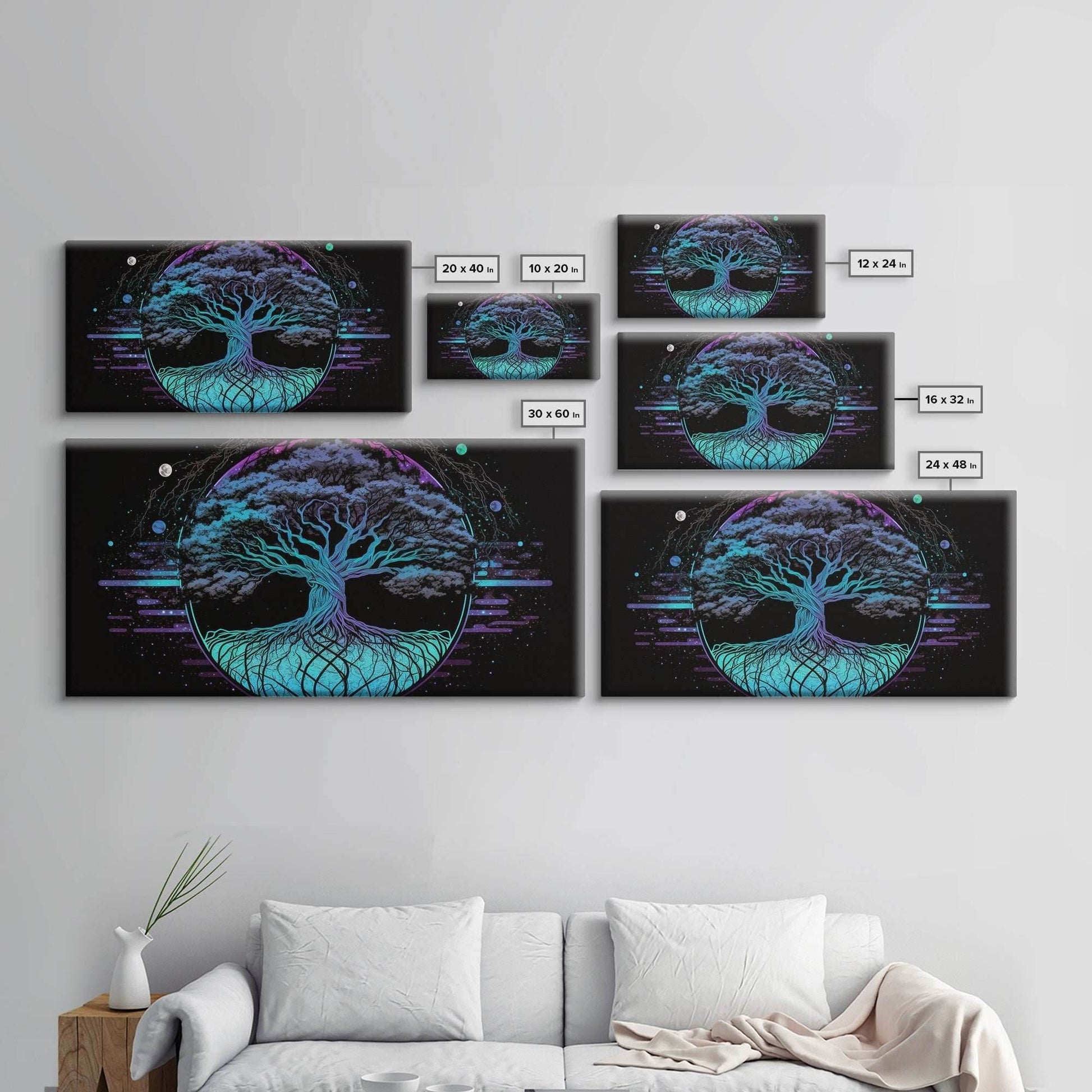 Norse Mythology Art, Synthwave Style Yggdrasil Tree of Life and the 9 Realms, Fantasy Art, Framed Canvas Print, Game Room Nordic Art - 10x20 Inches / Gallery Wrap Canvas - Ready To Hang