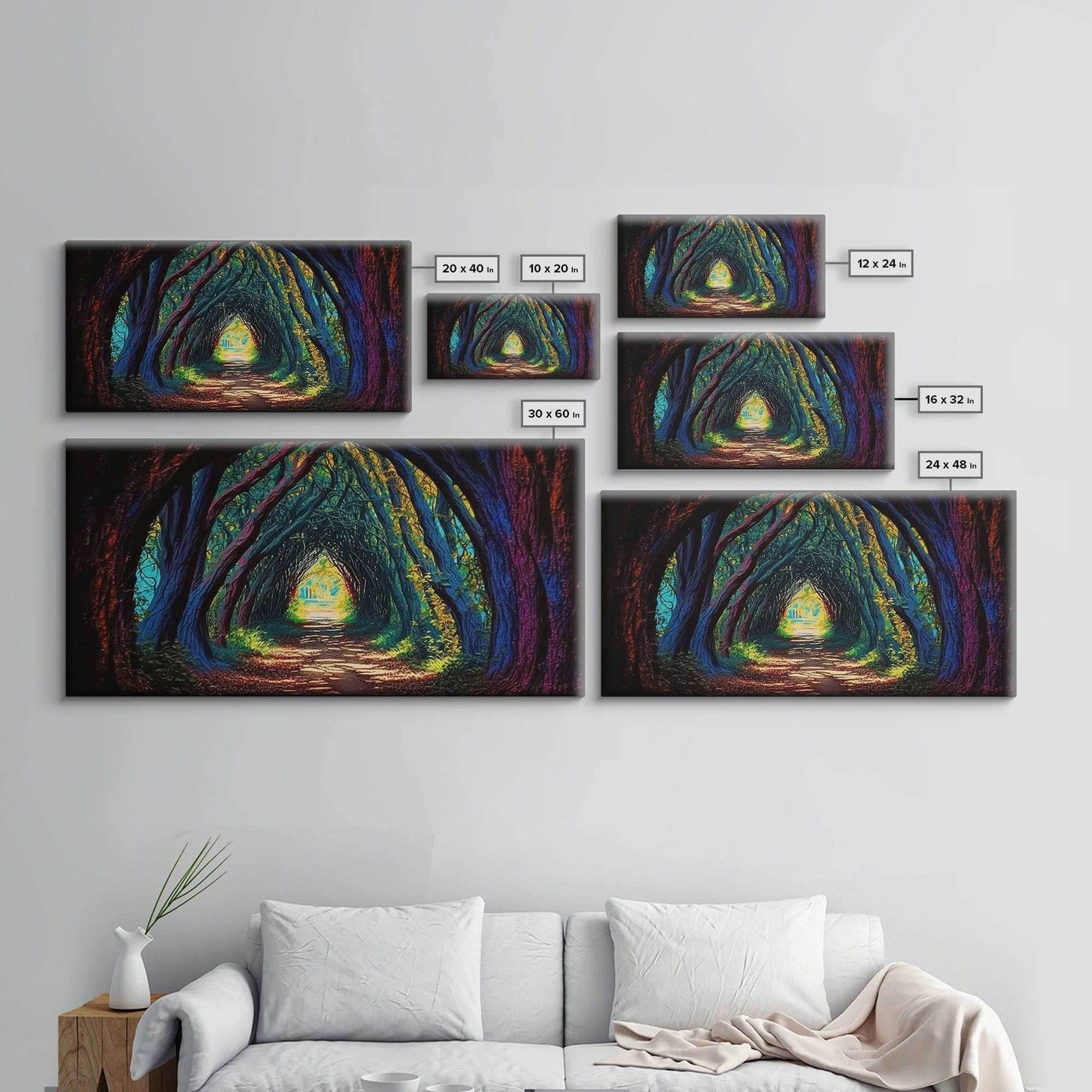 The Path through The Trees, Fantasy Art, Framed Canvas Print, RPG concept Art, Magical glowing forest - 10x20 Inches / Gallery Wrap Canvas - Ready To Hang