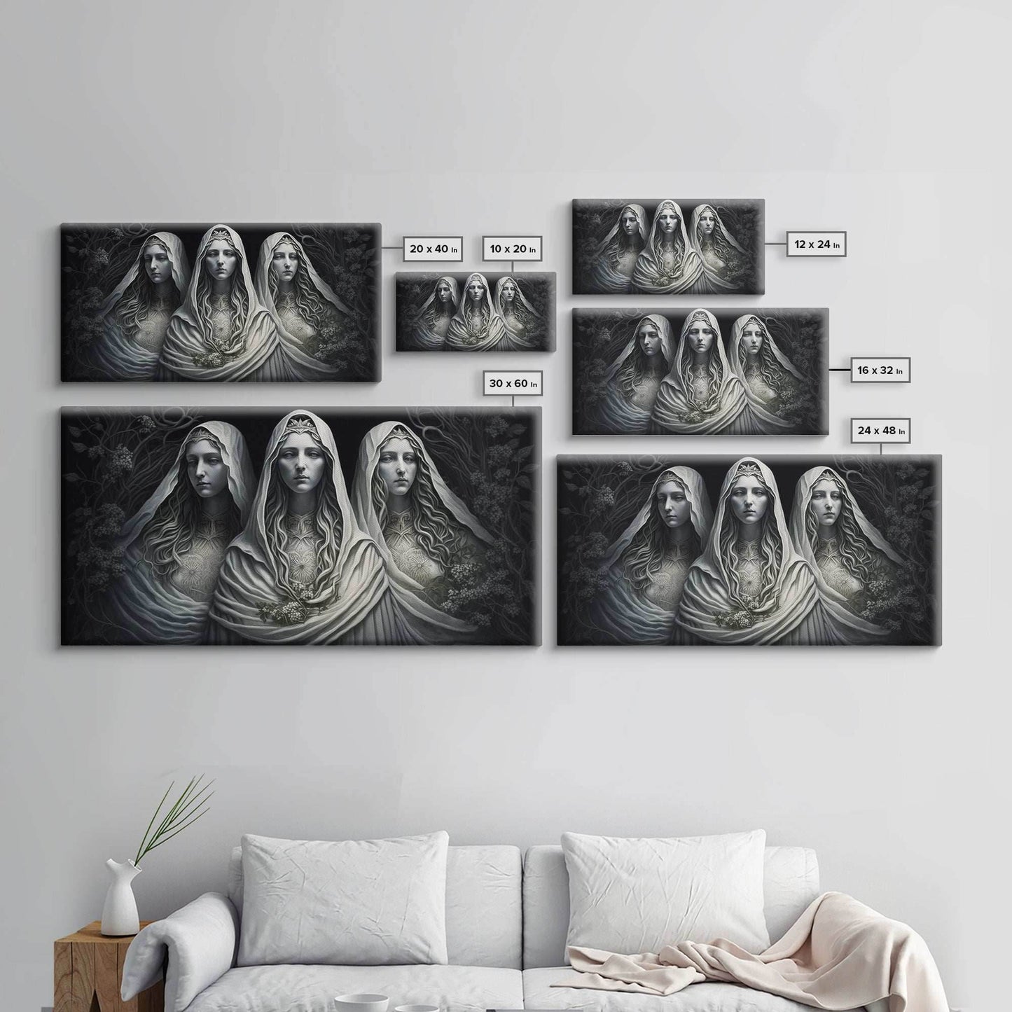 The Norns, Norse Mythology, Weavers of Fate, Framed Canvas Print, Urðr, Verðandi, and Skuld, Black and White Norse Fantasy Art - 10x20 Inches / Gallery Wrap Canvas - Ready To Hang
