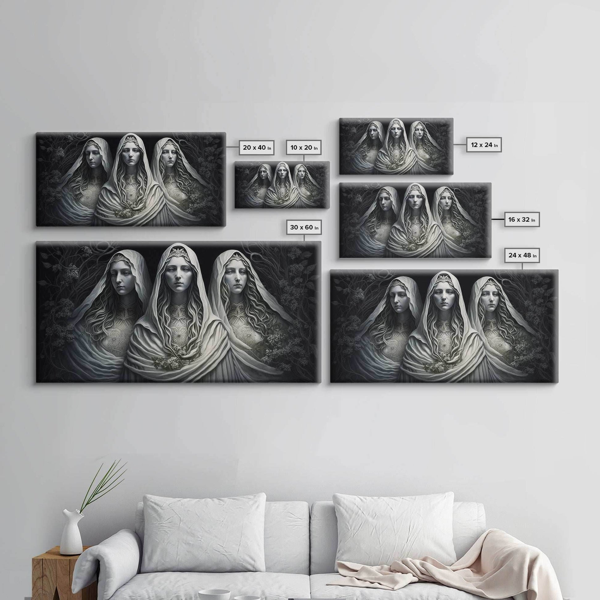 The Norns, Norse Mythology, Weavers of Fate, Framed Canvas Print, Urðr, Verðandi, and Skuld, Black and White Norse Fantasy Art - 10x20 Inches / Gallery Wrap Canvas - Ready To Hang