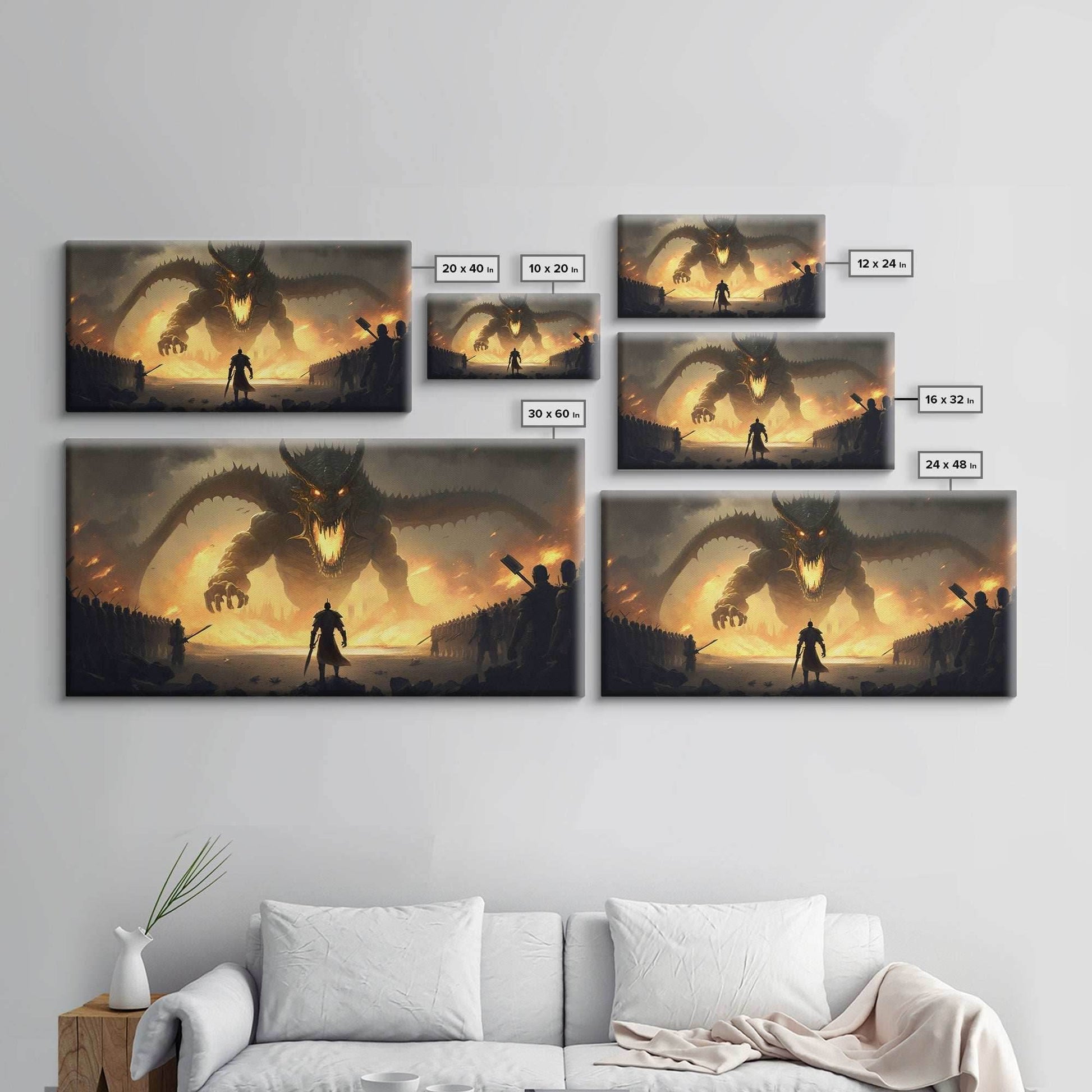 Warrior Facing Down a Dragon, Framed Canvas Print, Unique Fantasy Wall Art, In The Time of Dragons - 10x20 Inches / Gallery Wrap Canvas - Ready To Hang