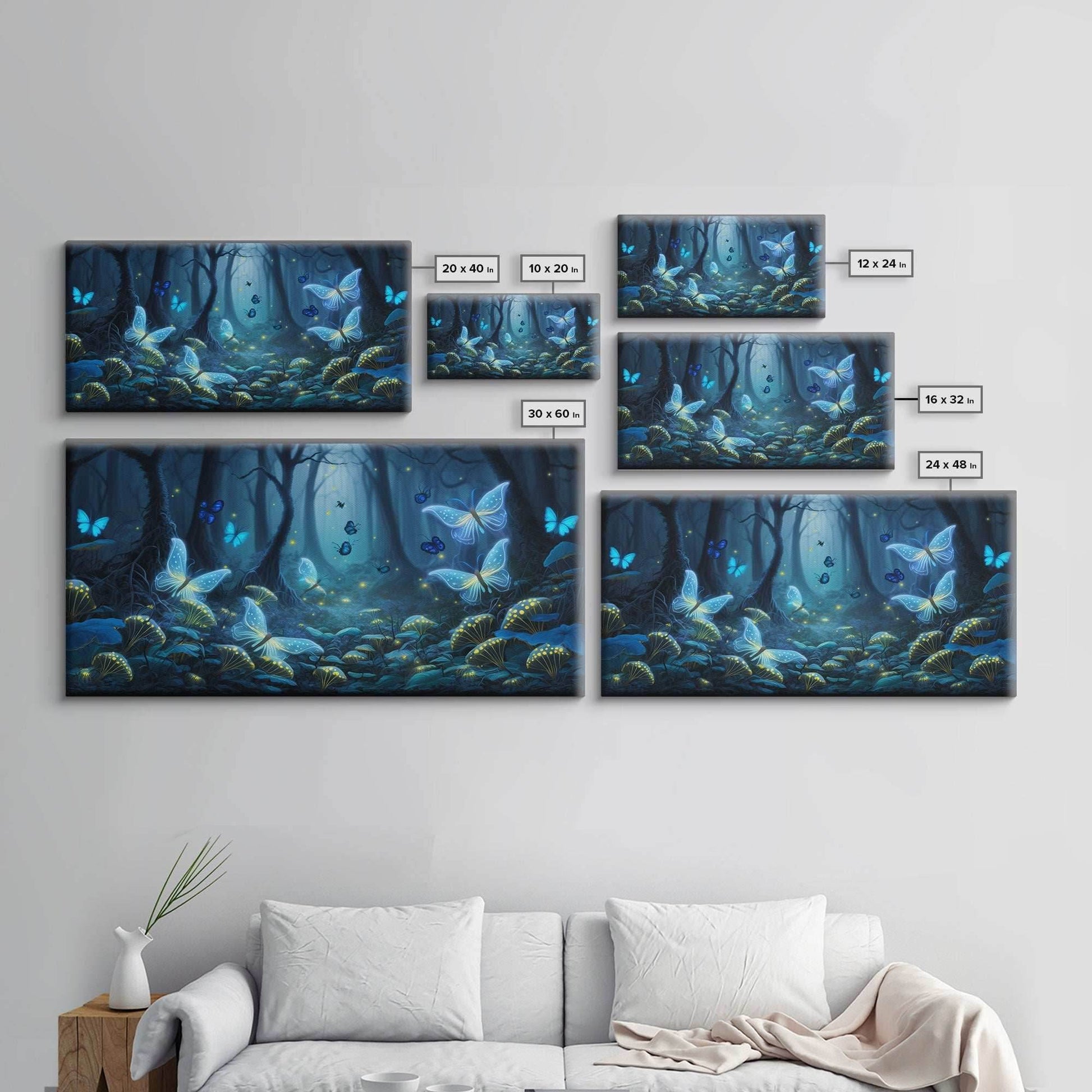 Magical Enchanted Fairy Forest, Fantasy Art, Framed Canvas Print, Bioluminescent Butterflies in an Enchanted Forest, Glowing Art - 10x20 Inches / Gallery Wrap Canvas - Ready To Hang