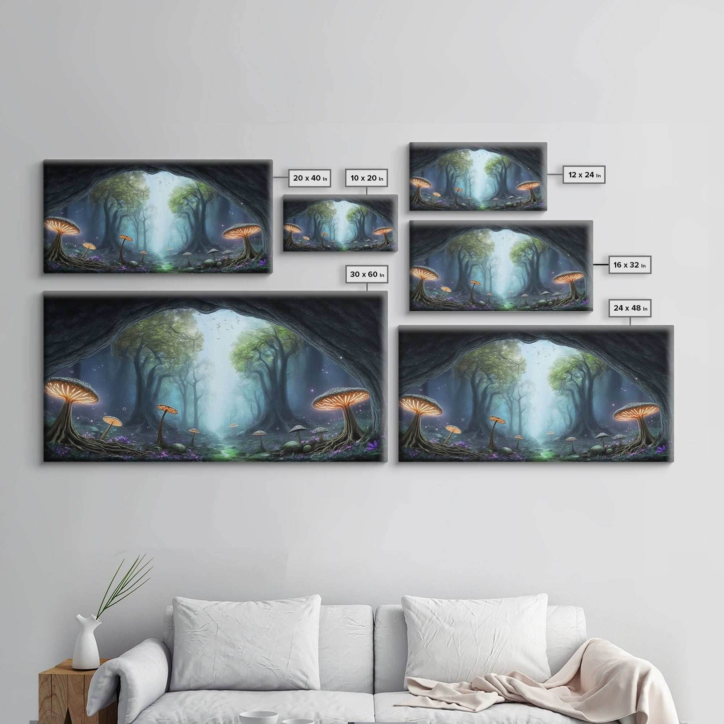 Magical Enchanted Mushroom Forest, Fantasy Art, Framed Canvas Print, Bioluminescent Butterflies in an Enchanted Forest, Glowing Art - 10x20 Inches / Gallery Wrap Canvas - Ready To Hang