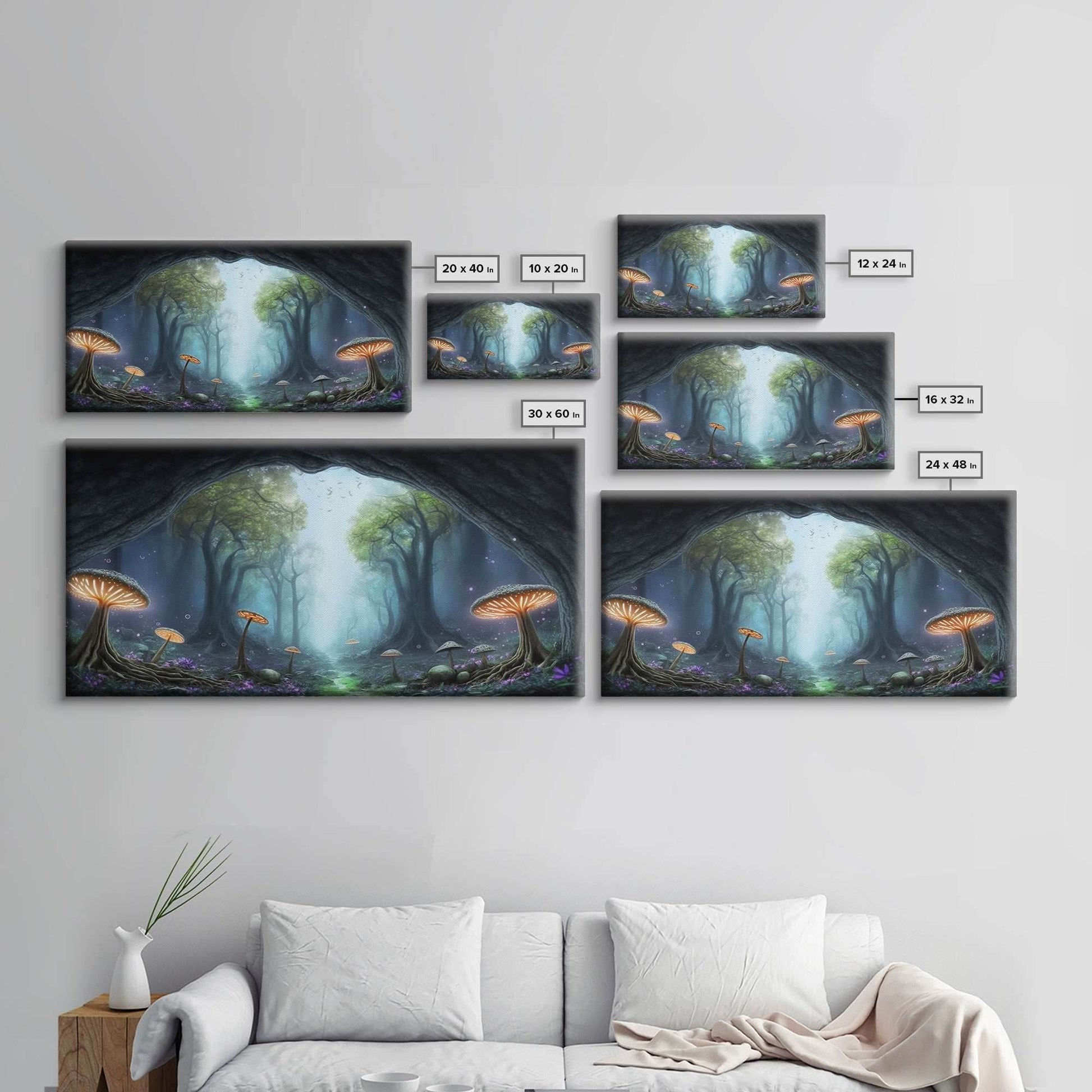 Magical Enchanted Mushroom Forest, Fantasy Art, Framed Canvas Print, Bioluminescent Butterflies in an Enchanted Forest, Glowing Art - 10x20 Inches / Gallery Wrap Canvas - Ready To Hang