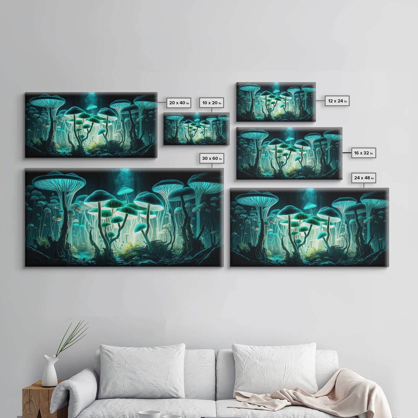 The Forest Floor, Framed Canvas Print, Glowing Mushrooms, Bioluminescent Mushroom Art, Color fantasy wall art - 10x20 Inches / Gallery Wrap Canvas - Ready To Hang