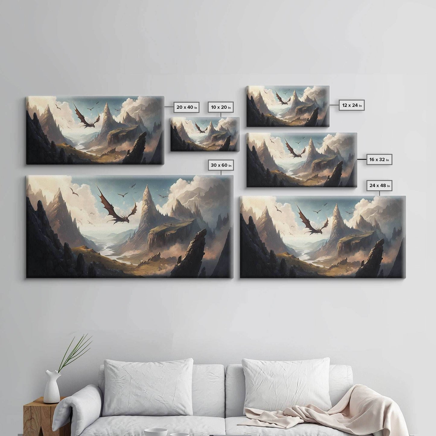 Dragons in Flight Over a Valley, Fantasy Art, Framed Canvas Print, Medieval Fantasy Art, Fire breathing dragons - 10x20 Inches / Gallery Wrap Canvas - Ready To Hang