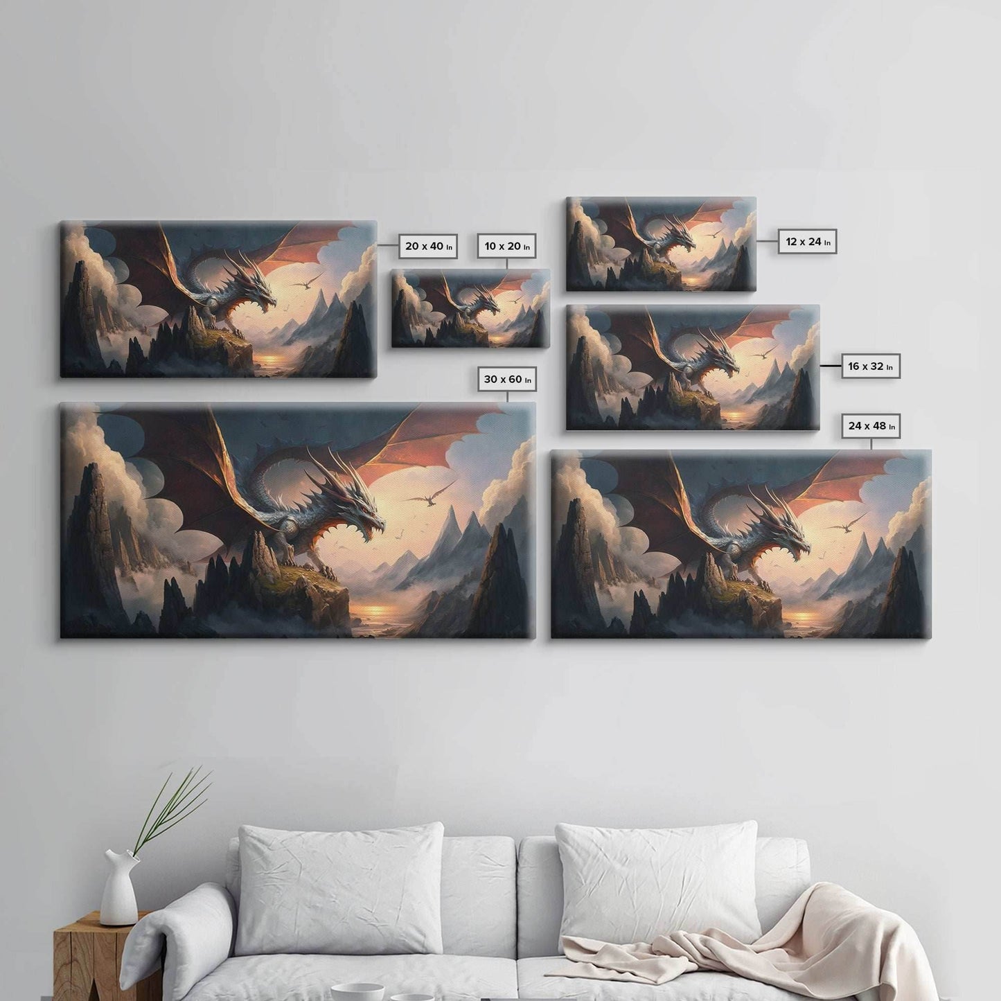 White Dragon on a Mountain Top, Fantasy Art, Framed Canvas Print, Medieval Fantasy Art, Fire breathing dragons - 10x20 Inches / Gallery Wrap Canvas - Ready To Hang
