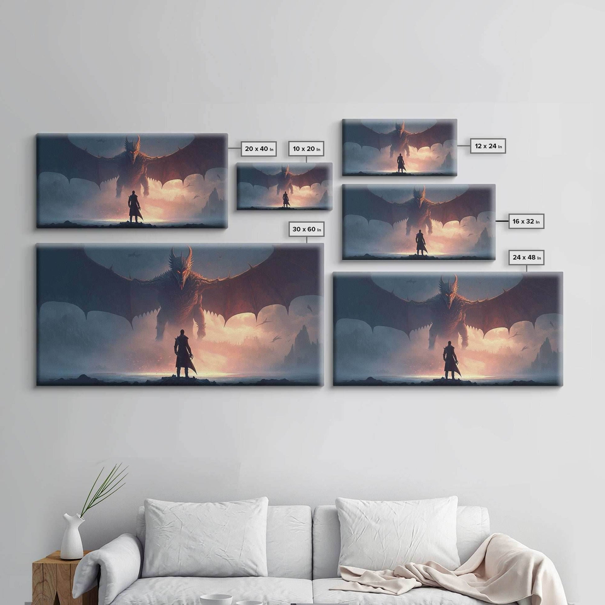 Warrior Facing Down a Dragon, Framed Canvas Print, Unique Fantasy Wall Art, In The Time of Dragons - 10x20 Inches / Gallery Wrap Canvas - Ready To Hang