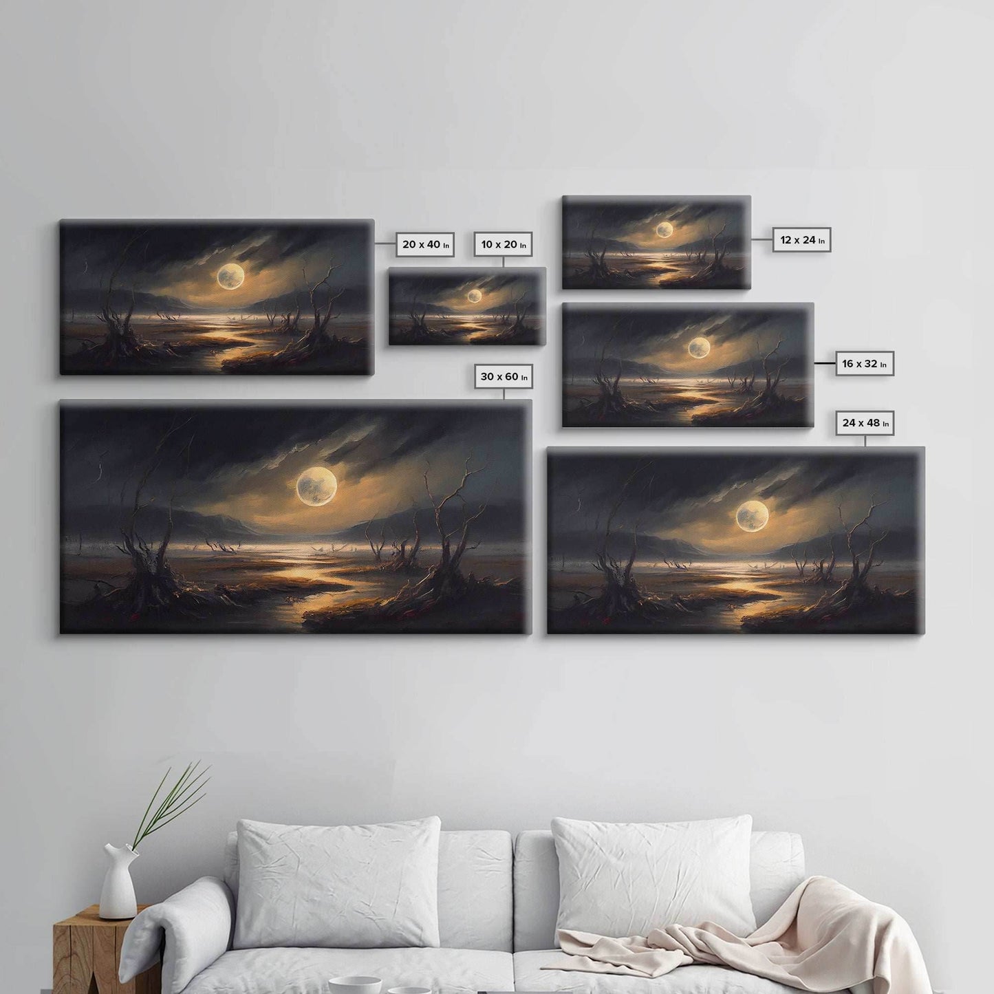 Midnight In The Swamp, Framed Canvas Print, Fantasy Art Canvas, Wall Art, Game Room Art, Full moon - 10x20 Inches / Gallery Wrap Canvas - Ready To Hang