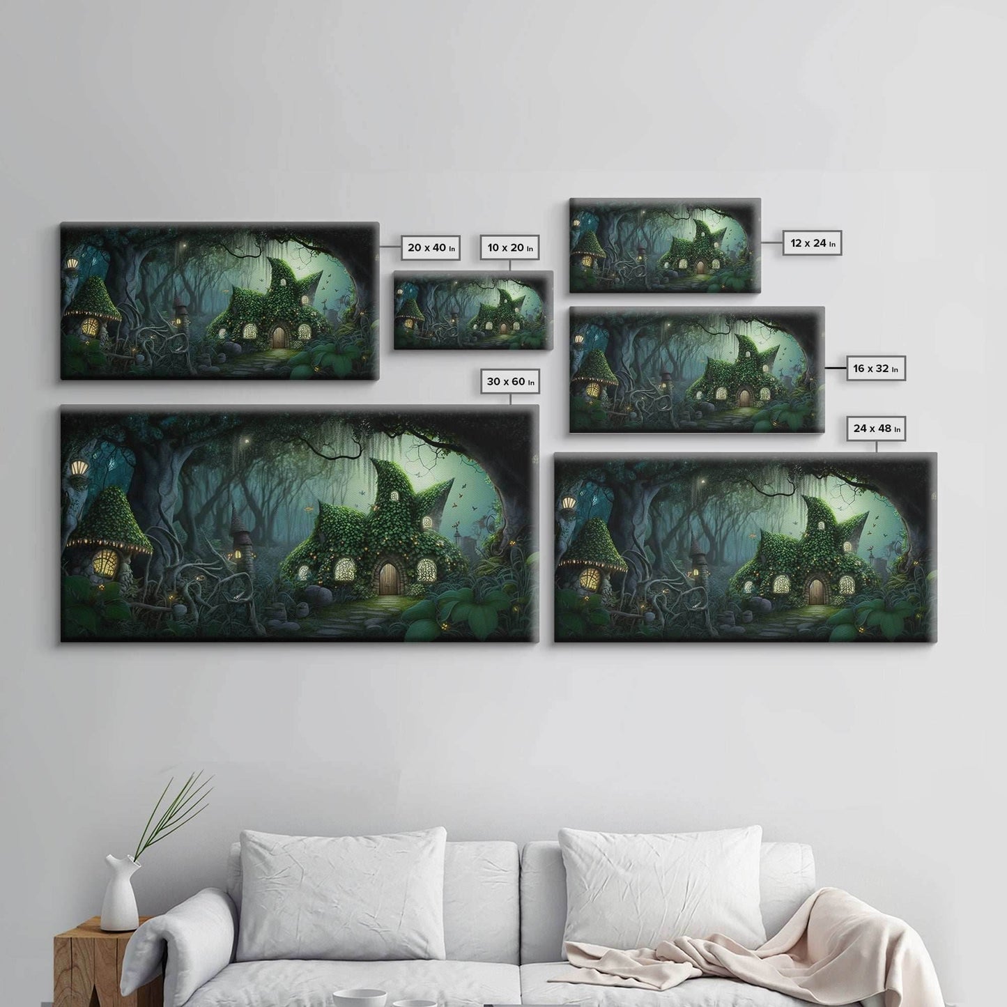 Gnome City, Wall Art, Fantasy Canvas Print, Framed Art, Tiny Gnome Houses On The Forest Floor - 10x20 Inches / Gallery Wrap Canvas - Ready To Hang