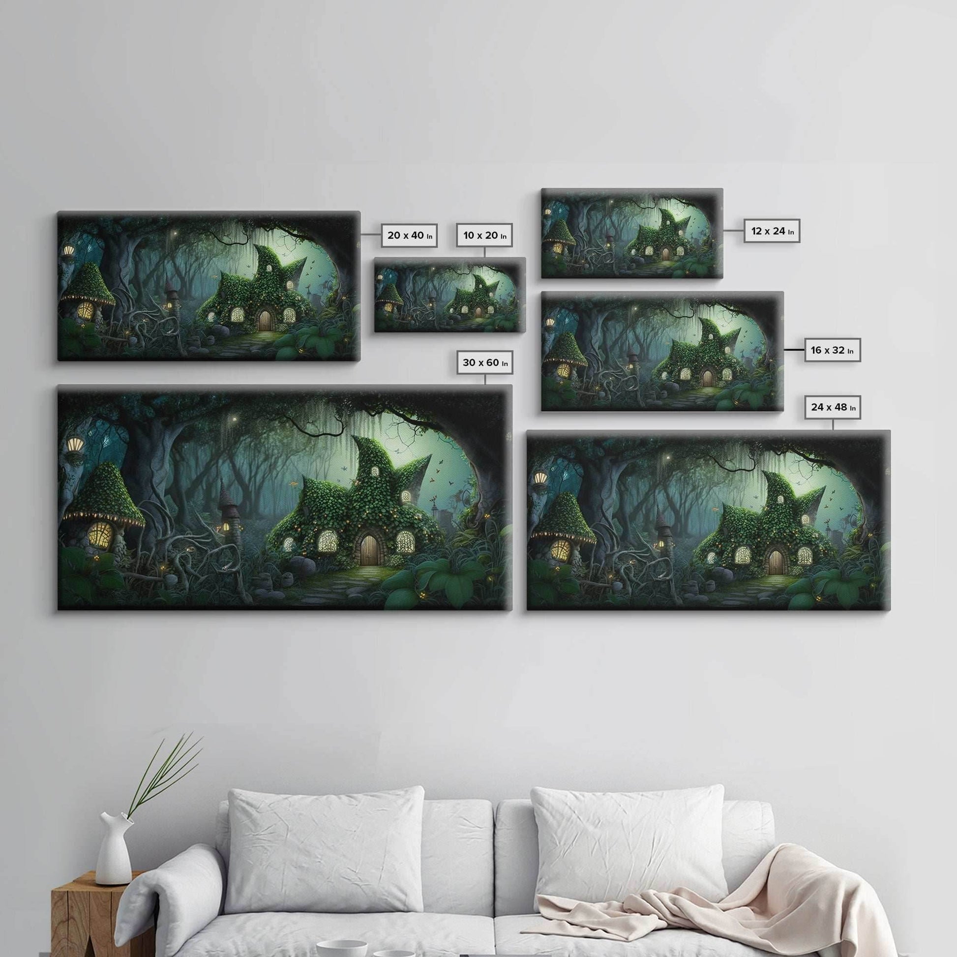 Gnome City, Wall Art, Fantasy Canvas Print, Framed Art, Tiny Gnome Houses On The Forest Floor - 10x20 Inches / Gallery Wrap Canvas - Ready To Hang