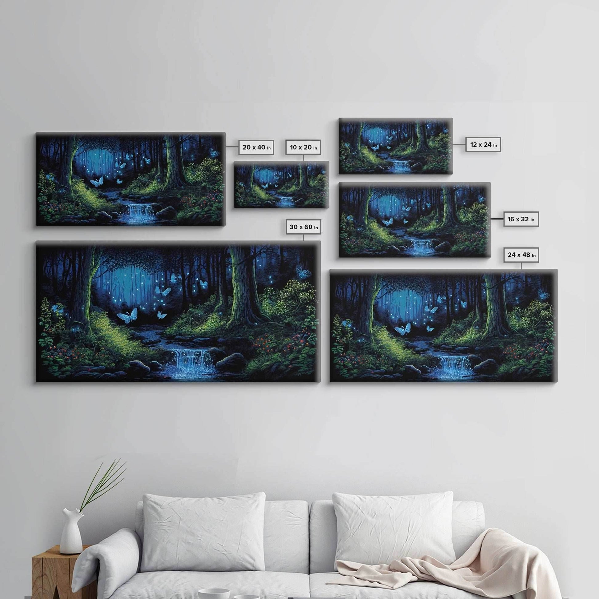 Enchanted Forest Painting, Fantasy Art, Fairy House, Fantasy, Woodland Decor, Woods, Forest, Fairy Forest with Blue Butterflies - 10x20 Inches / Gallery Wrap Canvas - Ready To Hang