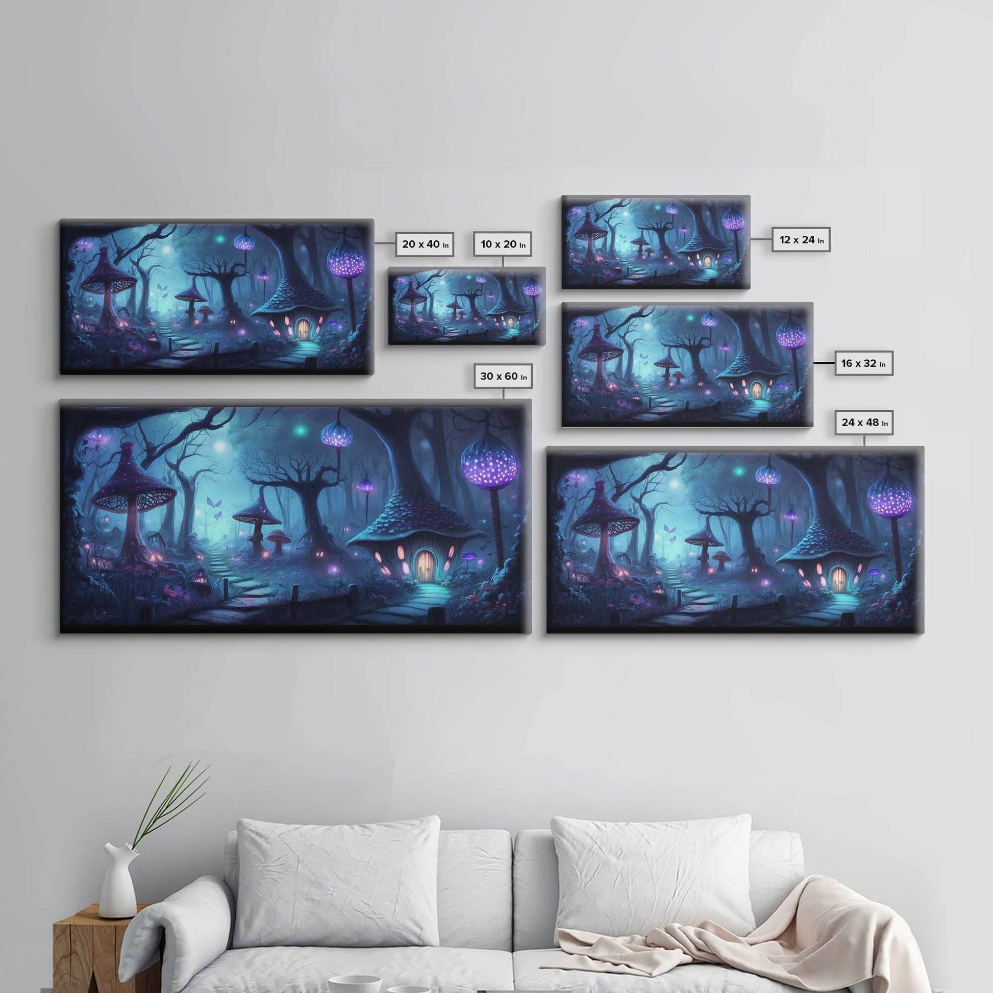 Magical Mushroom Fantasy Forest Wall Art, Framed Canvas Print, Game Room Art, Fantasy Decor - 10x20 Inches / Gallery Wrap Canvas - Ready To Hang