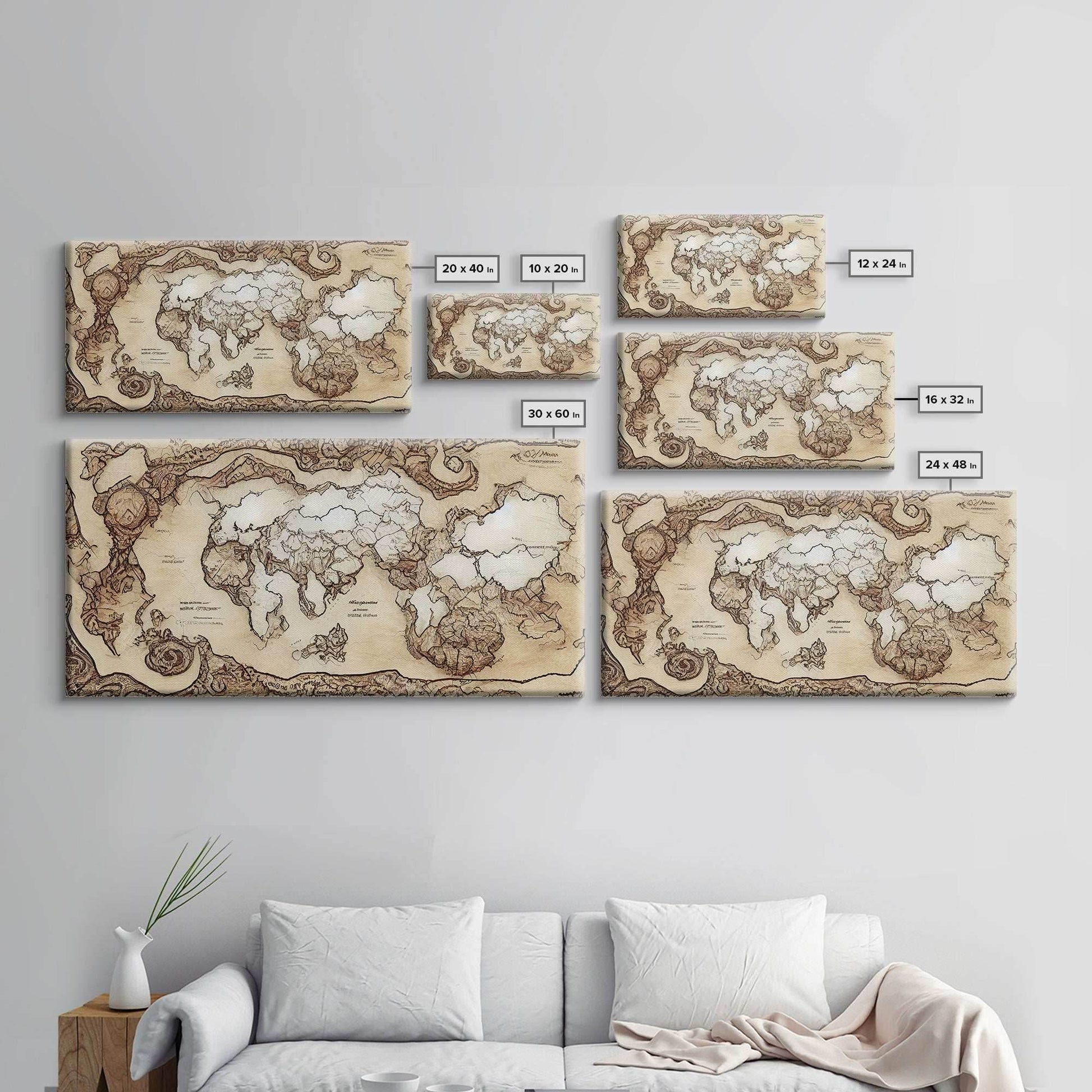Abstract fantasy world map, canvas print, middle earth style, wall art for nerds like me - 10x20 Inches / Gallery Wrap Canvas - Ready To Hang