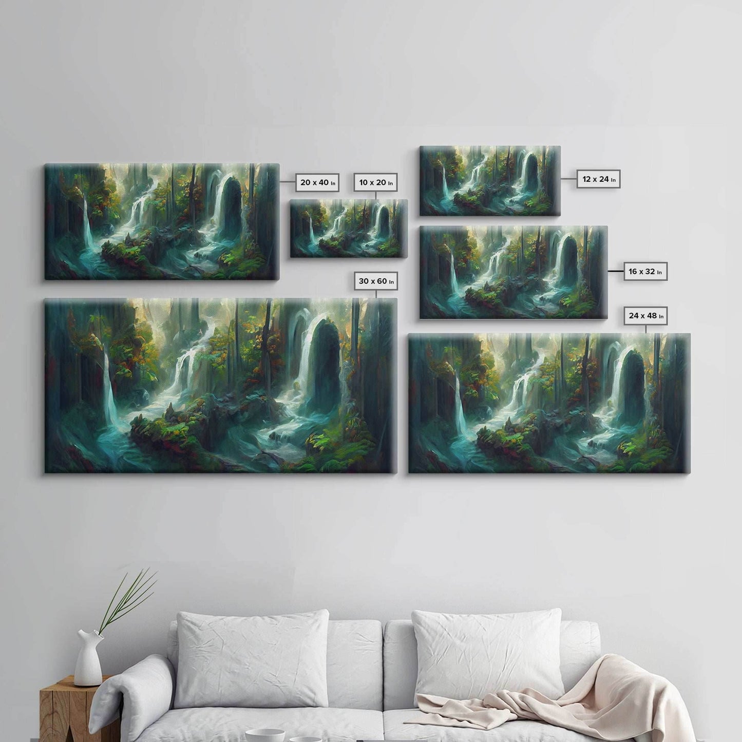 Waterfall wall art, canvas print, giclee, fantasy wall art, water color, nature wall decor, water landscape art, serenity art - 10x20 Inches / Gallery Wrap Canvas - Ready To Hang