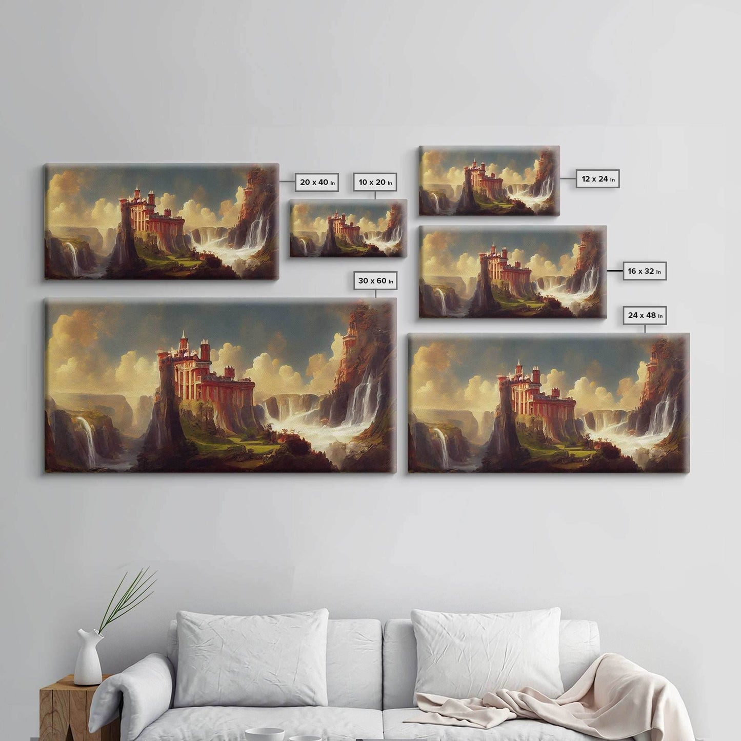 Fantasy wall art, canvas print, castle in the sky, castle atop mountains and waterfalls, watercolor - 10x20 Inches / Gallery Wrap Canvas - Ready To Hang