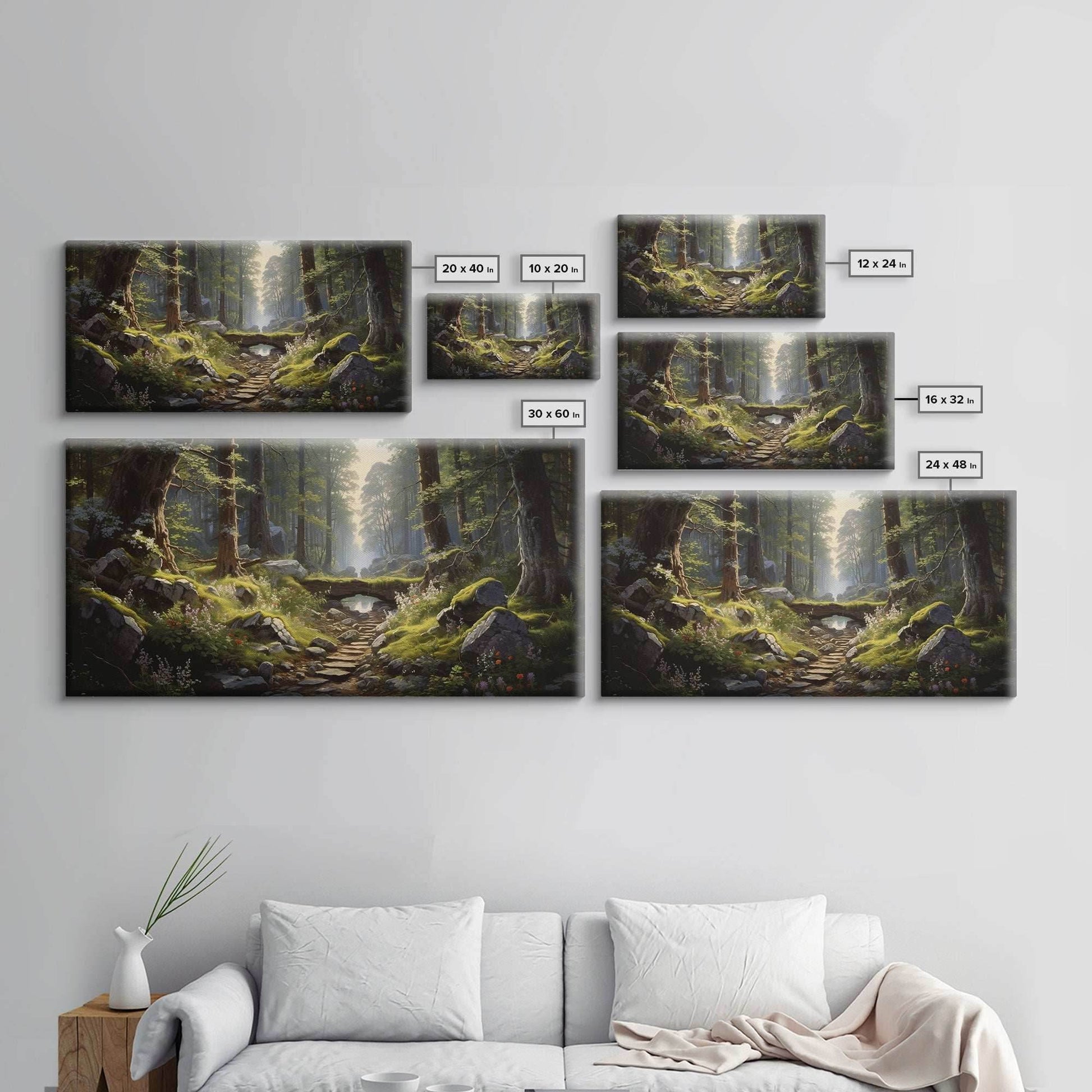 SlightlyScorched Framed Canvas Print Emerald Green Fantasy Forest, Mountain Forest Lake Landscape Minimalist Modern Art Nature Wall Decor - 10x20 Inches / Gallery Wrap Canvas - Ready To Hang