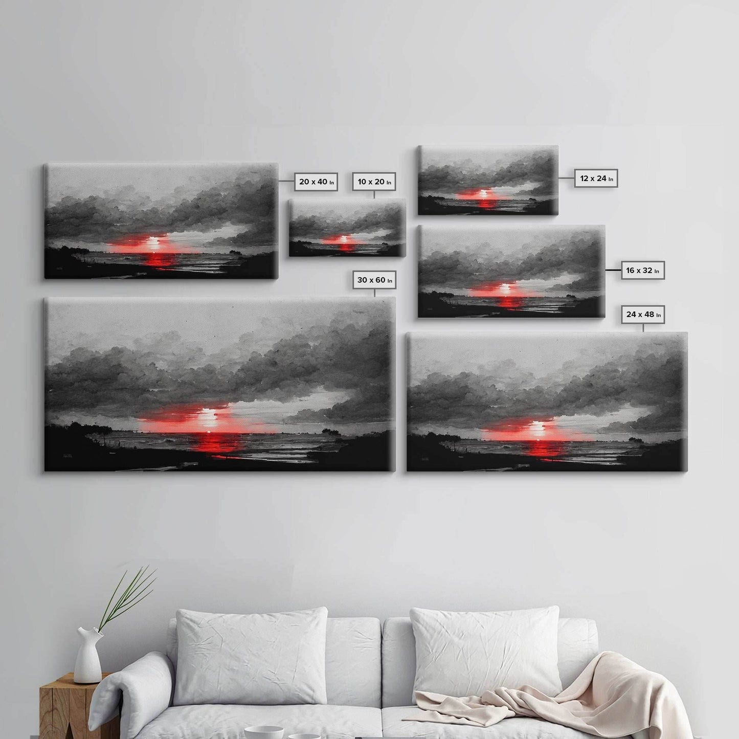Creepy Blood moon canvas print, dark fantasy art, black and white art, Halloween, spooky art, horror landscape art - 10x20 Inches / Gallery Wrap Canvas - Ready To Hang