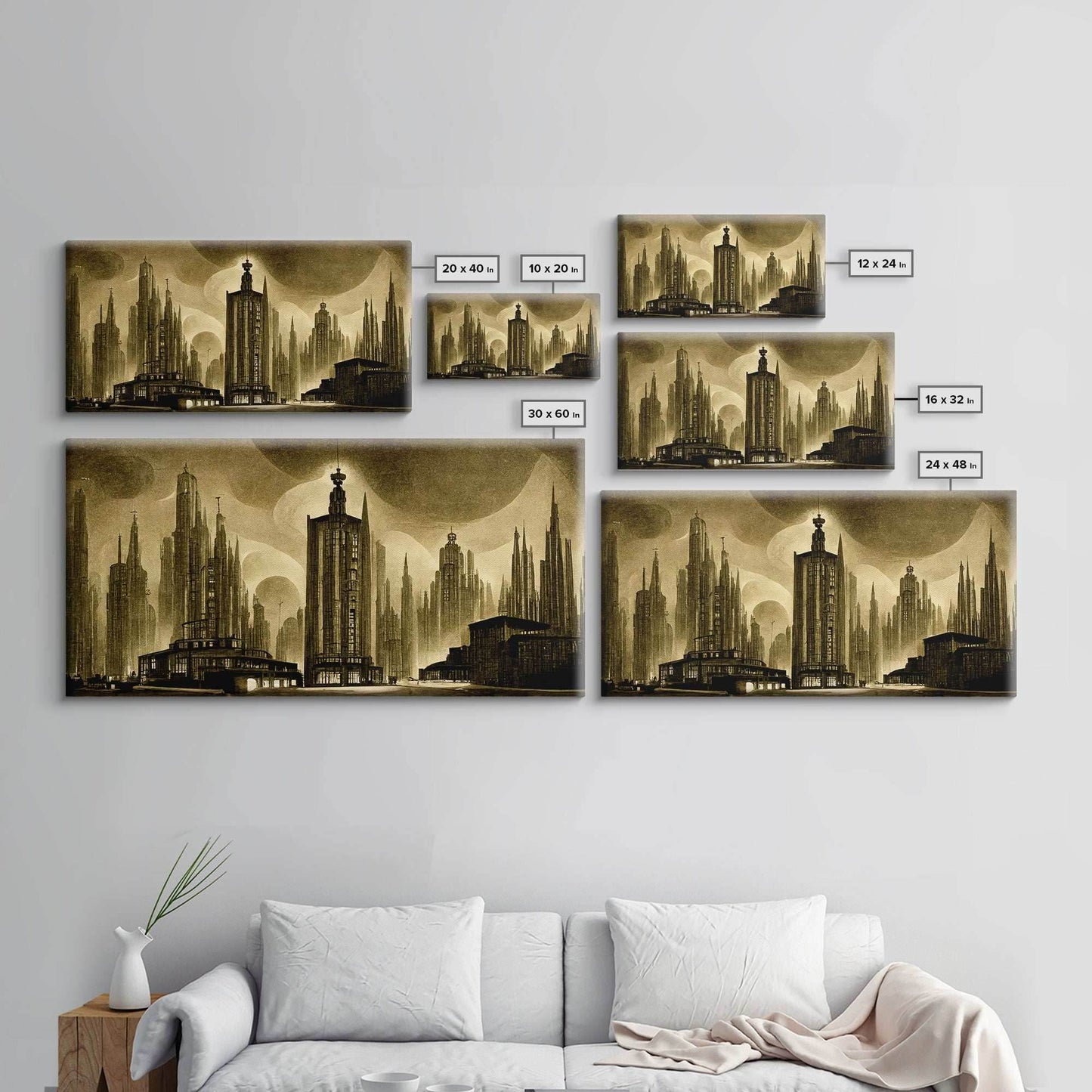 Dystopian Metropolis Art Deco Canvas Print, City Skyline, Fantasy Art, Art Deco Living Room Art, ready to hang wall art - 10x20 Inches / Gallery Wrap Canvas - Ready To Hang
