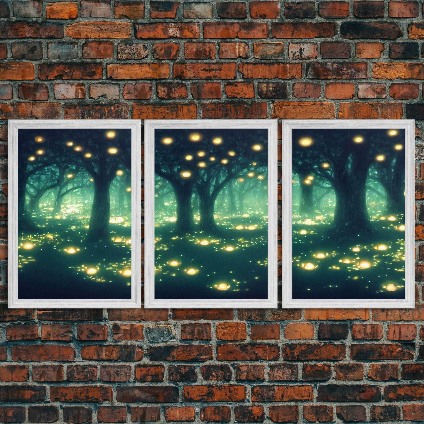Fantasy forest wall decor, ready to hang 3 piece canvas print, 3 piece wall art, firefly wall art, Fireflies In A Fairy Forest at Night - 8x12 In. - 3 Pieces / Gold Frame