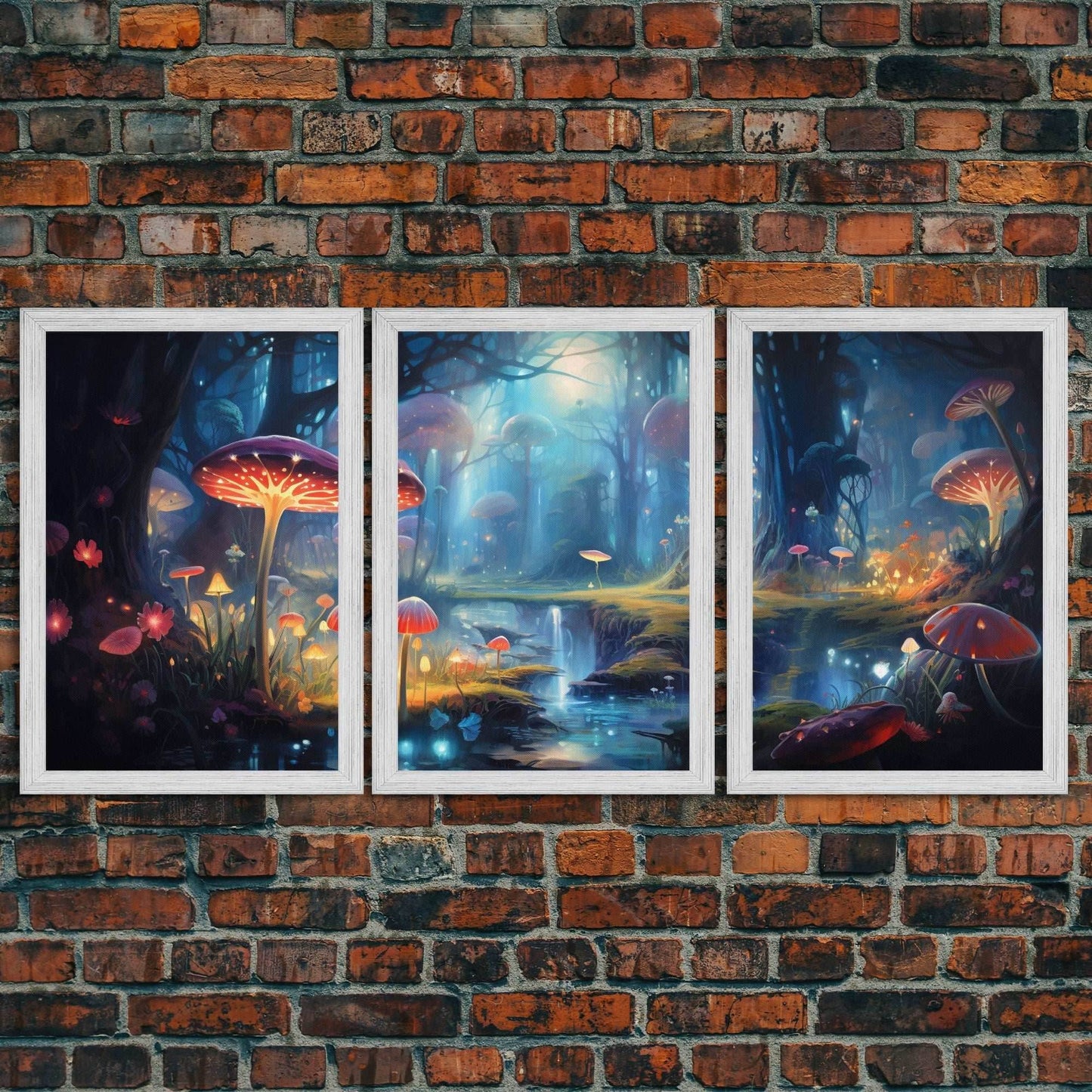 Magical dark forest art print on canvas, fantasy forest, oil style painting, large landscape wall art for home, ready to hang, 3 Piece Art - 8x12 In. - 3 Pieces / Gold Frame