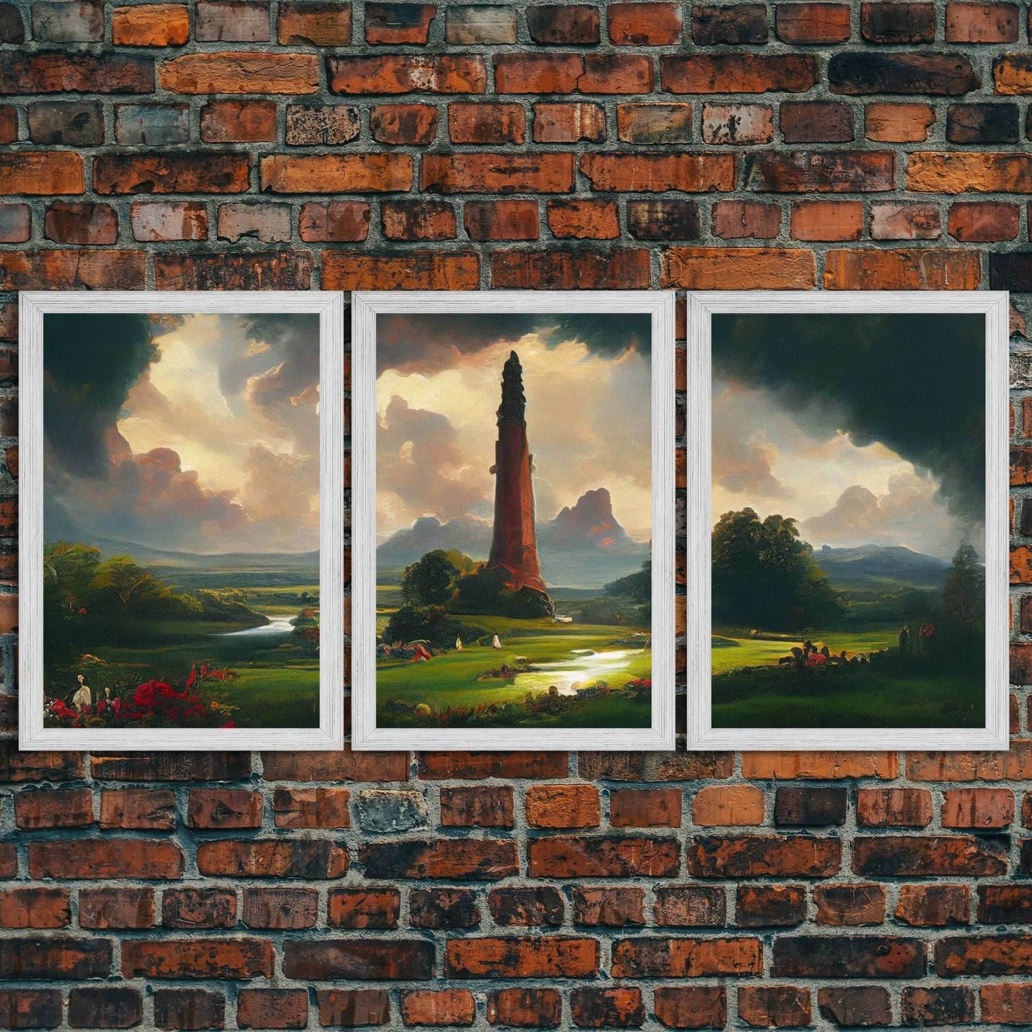 The Dark Tower, 3 Piece Panoramic Art, High Fantasy Concept Art, 3 Piece Wall Art, Ready To Hang Canvas Print - 8x12 In. - 3 Pieces / Gold Frame
