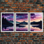 Fantasy Starry Night Magical Forest Landscape, 3 Piece Wall Art, Ready To Hang Canvas Print, Cool Unique Living Room Wall Art Decor - 8x12 In. - 3 Pieces / Gold Frame