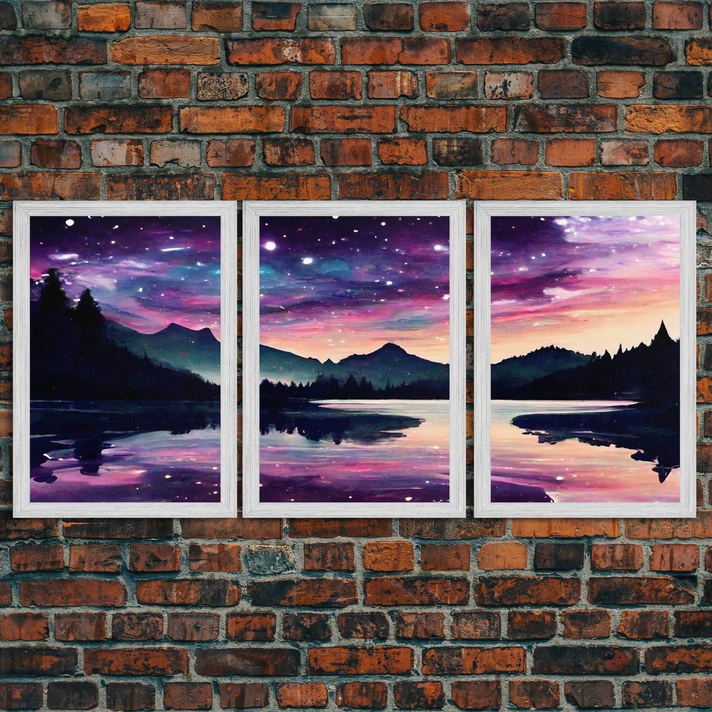 Fantasy Starry Night Magical Forest Landscape, 3 Piece Wall Art, Ready To Hang Canvas Print, Cool Unique Living Room Wall Art Decor - 8x12 In. - 3 Pieces / Gold Frame