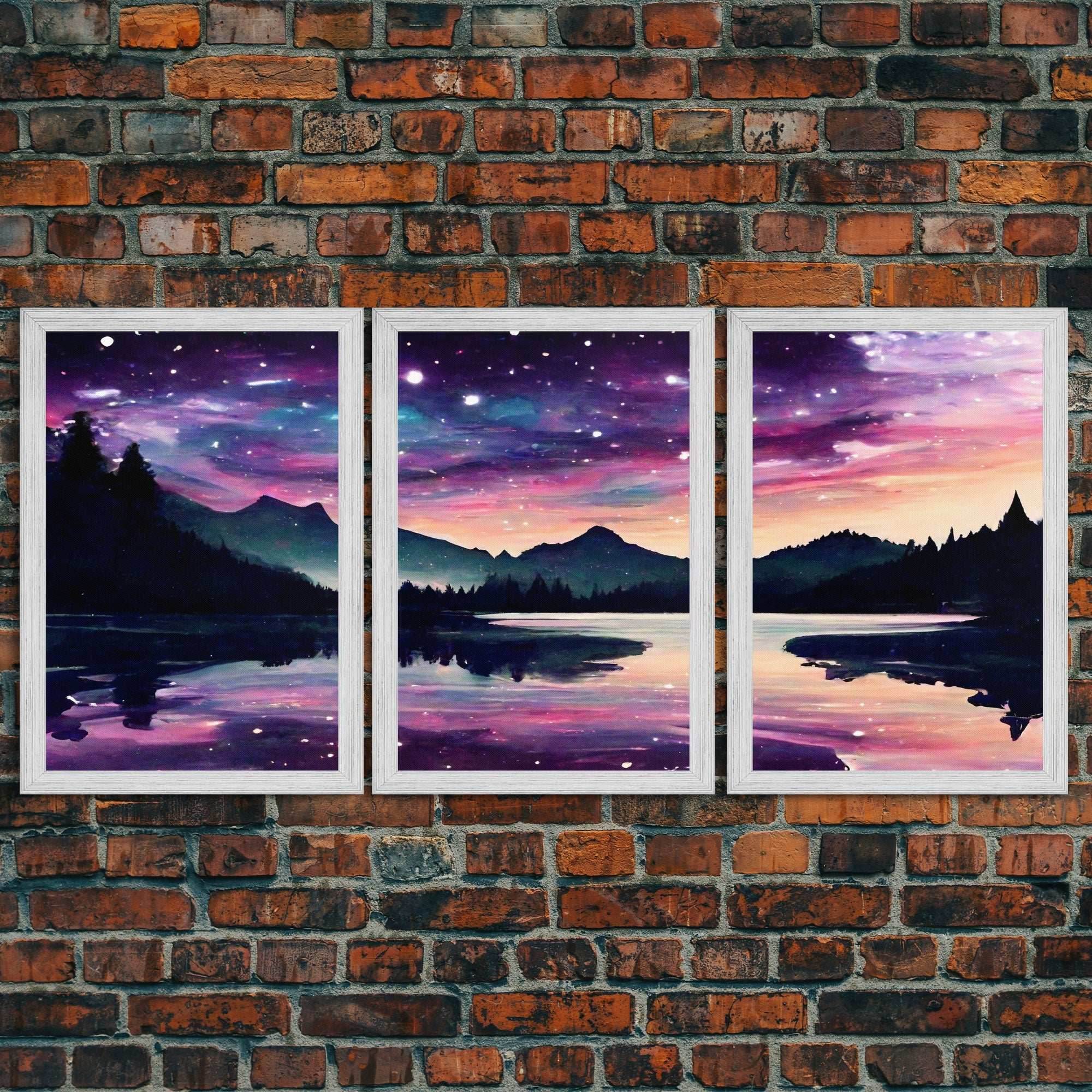 Fantasy Starry Night Magical Forest Landscape, 3 Piece Wall Art, Ready To Hang Canvas Print, Cool Unique Living Room Wall Art Decor - 8x12 In. - 3 Pieces / Gold Frame
