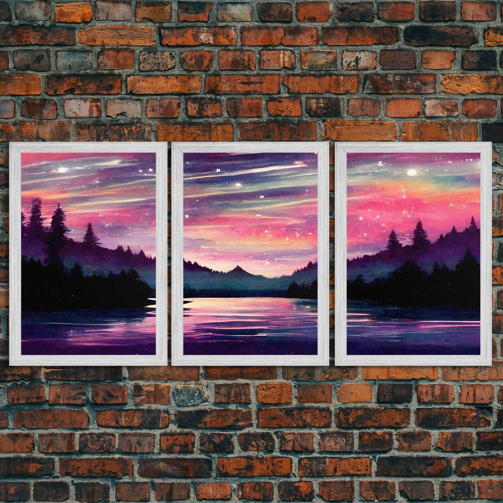 Starry Night Magical Forest Fantasy Landscape, 3 Piece Wall Art, Ready To Hang Canvas Print, Cool Living Room Wall Art Decor - 8x12 In. - 3 Pieces / Gold Frame
