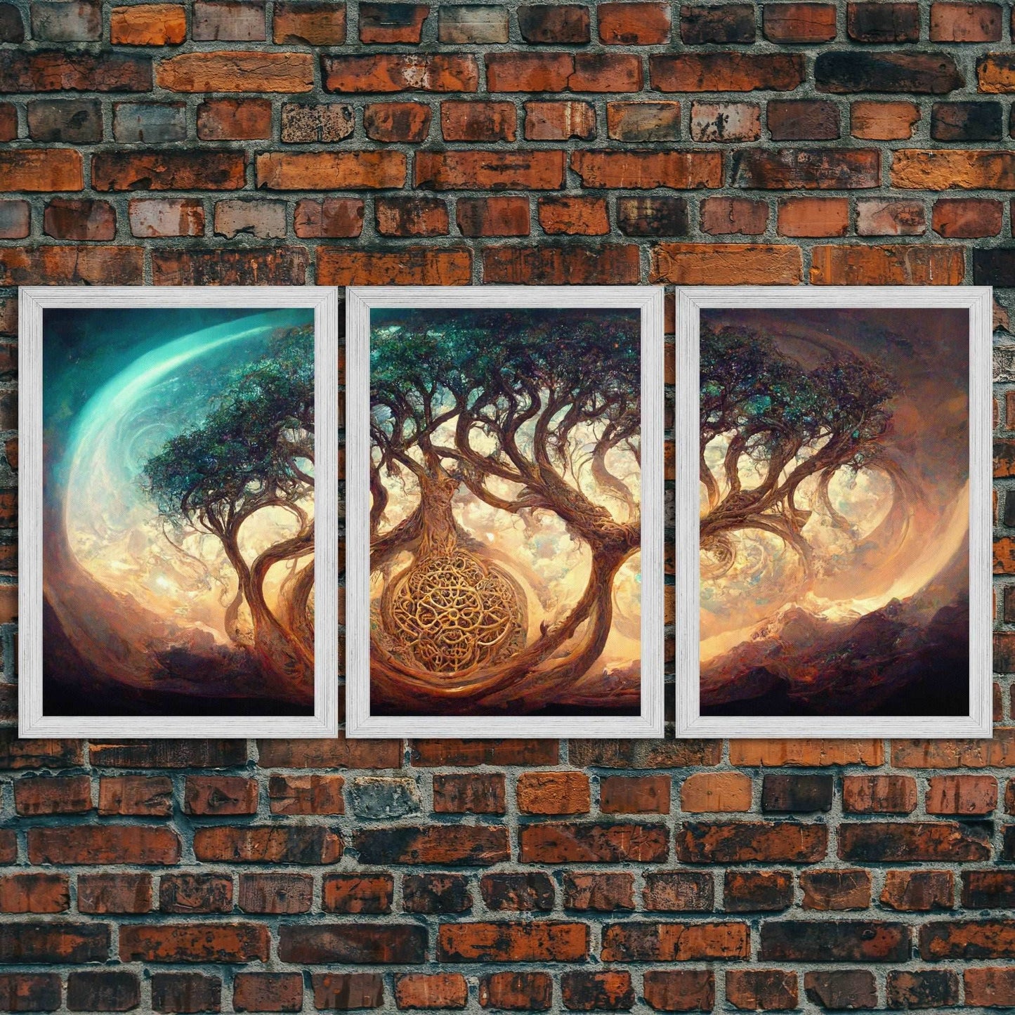 Yggdrasil Tree of Life, Nordic Viking Fantasy Art, Ready To Hang Canvas Print, Cool Living Room Wall Art Decor - 8x12 In. - 3 Pieces / Gold Frame