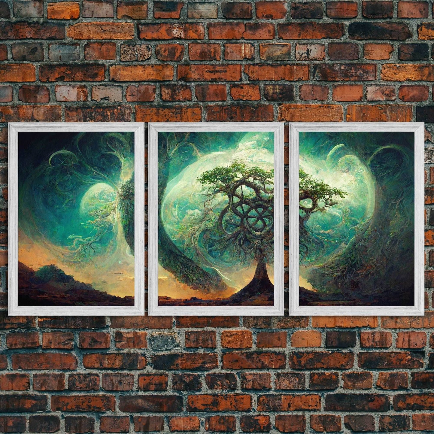 Yggdrasil Tree of Life, Nordic Viking Fantasy Art, Ready To Hang Canvas Print, Cool Living Room Wall Art Decor - 8x12 In. - 3 Pieces / Gold Frame