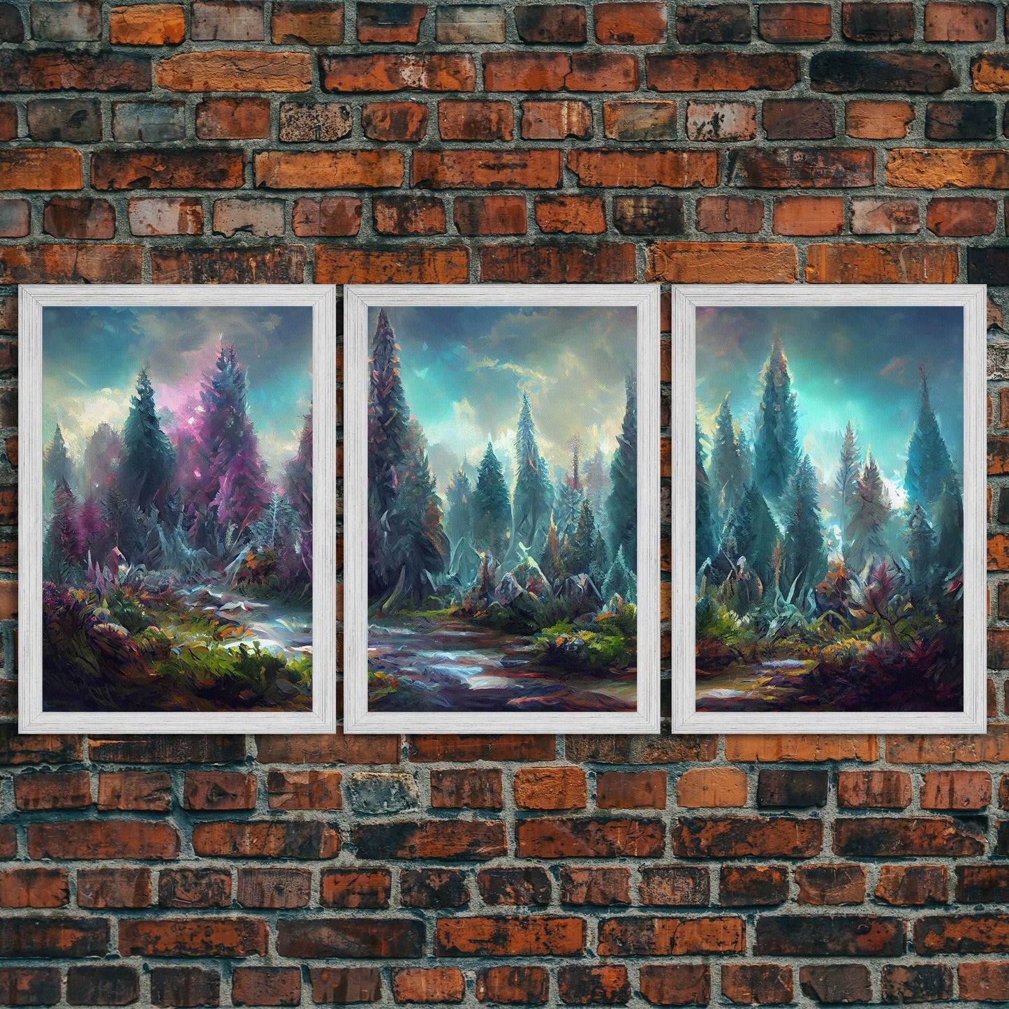High Fantasy Forest Wall Art, Panoramic Art, Fantasy RPG Concept Art, 3 Piece Wall Art, Ready To Hang Canvas Print - 8x12 In. - 3 Pieces / Gold Frame