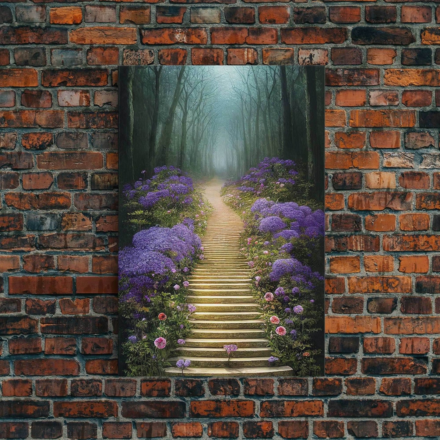 Lavender Lined Stairs Leading To The Haunted Forest, Fantasy Wall Art, framed canvas print, framed art - 8x12 Inches / Gallery Wrap Canvas - Ready To Hang