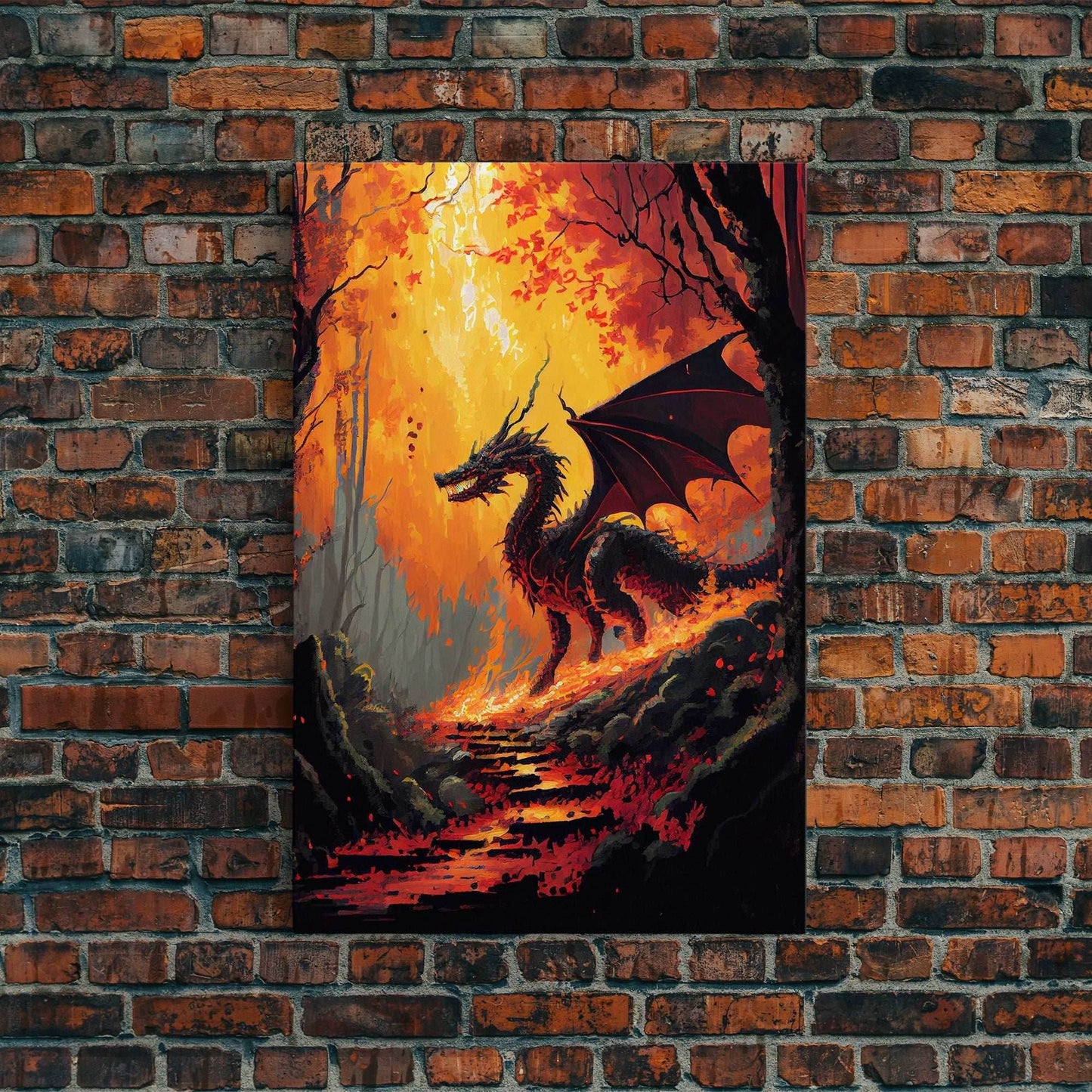 Fiery Dragon Burning Down Forest Canvas Print - Mystical Fantasy Wall Art Home Decor Artwork - 8x12 Inches / Gallery Wrap Canvas - Ready To Hang