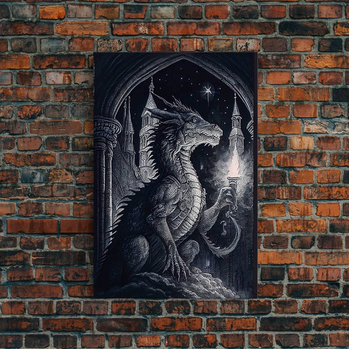 Black and white fantasy dragon, framed canvas print - 8x12 Inches / Gallery Wrap Canvas - Ready To Hang