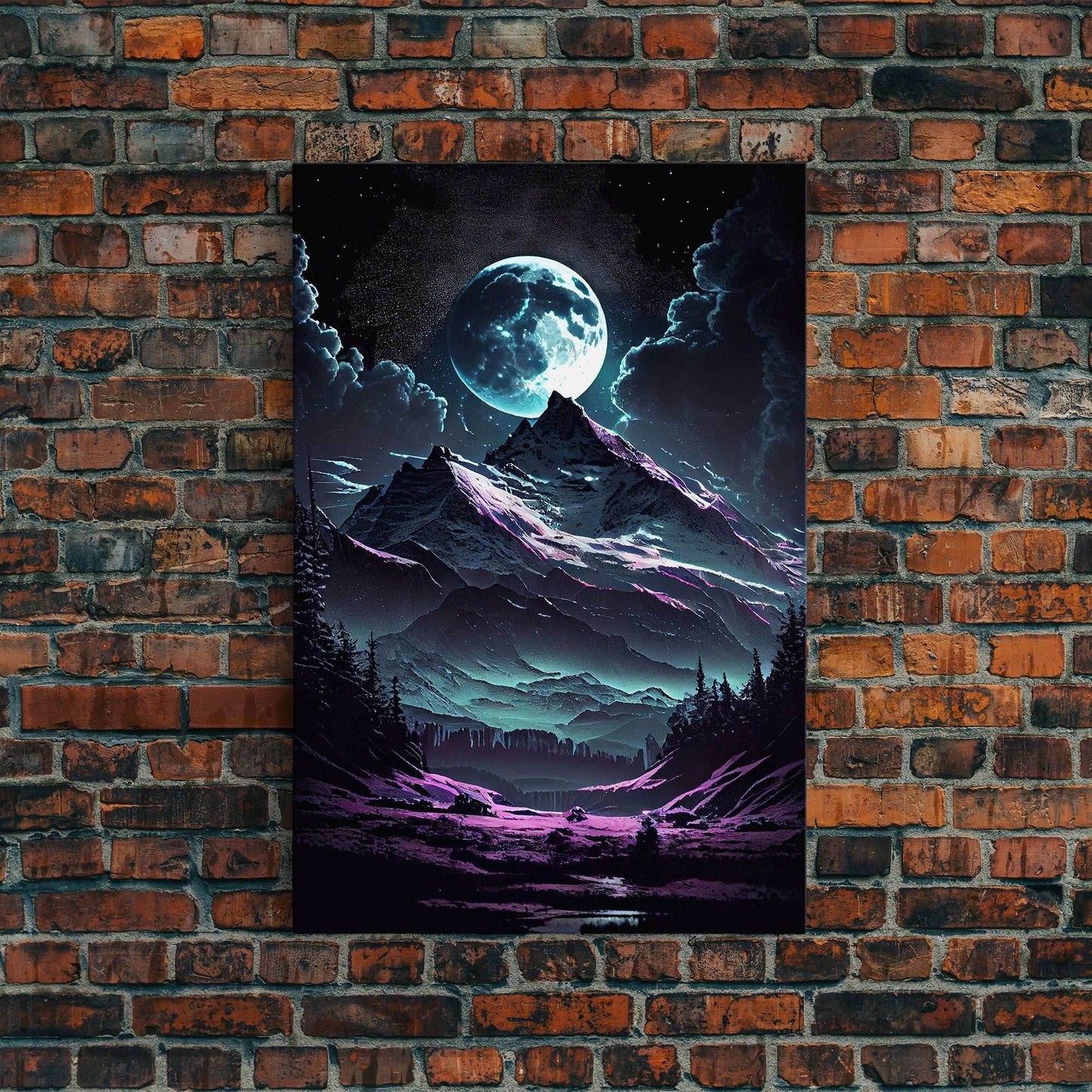 Mythical mountains fantasy art, framed canvas print, full moon over a mystical mountain landscape - 8x12 Inches / Gallery Wrap Canvas - Ready To Hang