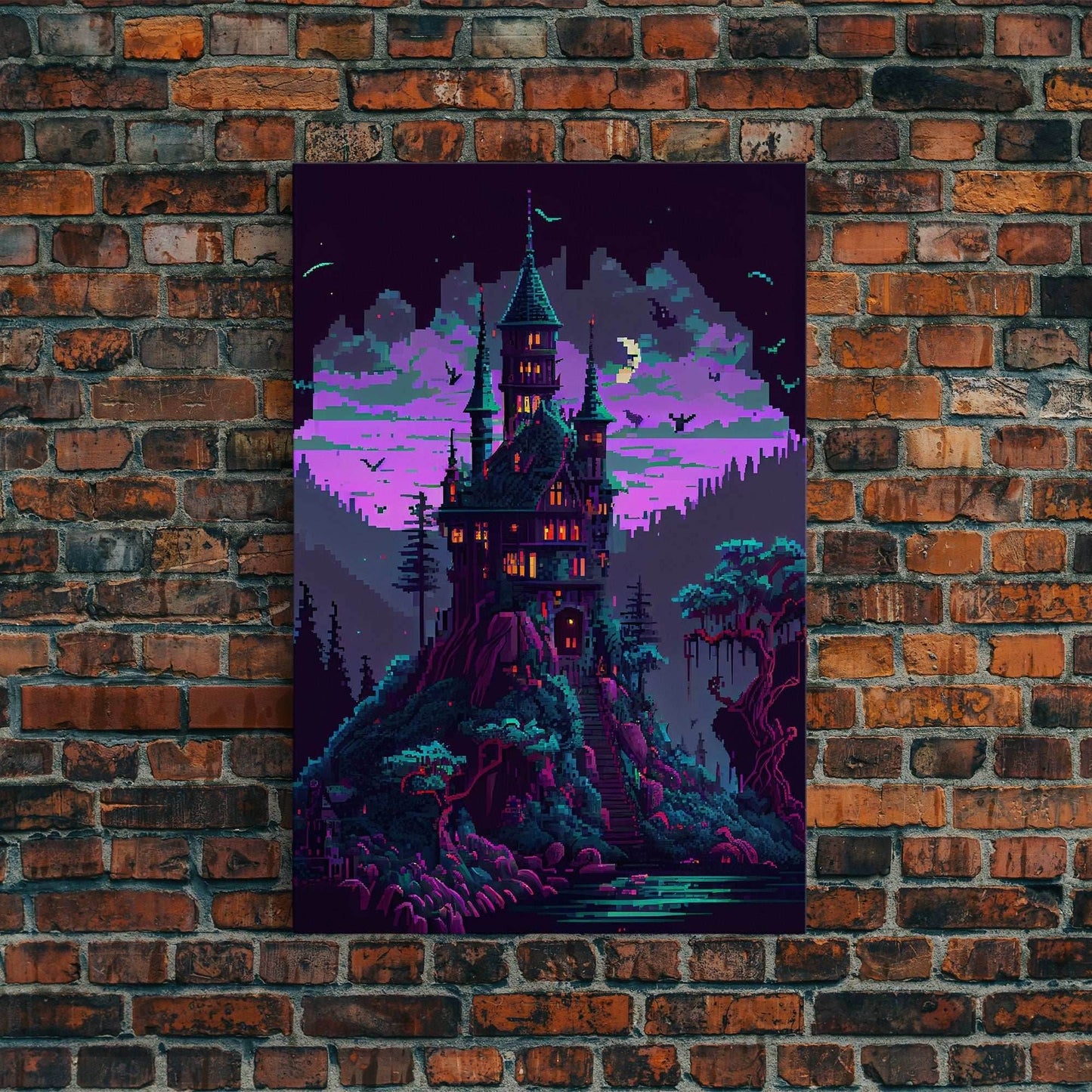 Transylvania Art, Cool Medieval castle 8 bit pixel art, fantasy art, framed canvas print, Cool castle art - 8x12 Inches / Gallery Wrap Canvas - Ready To Hang