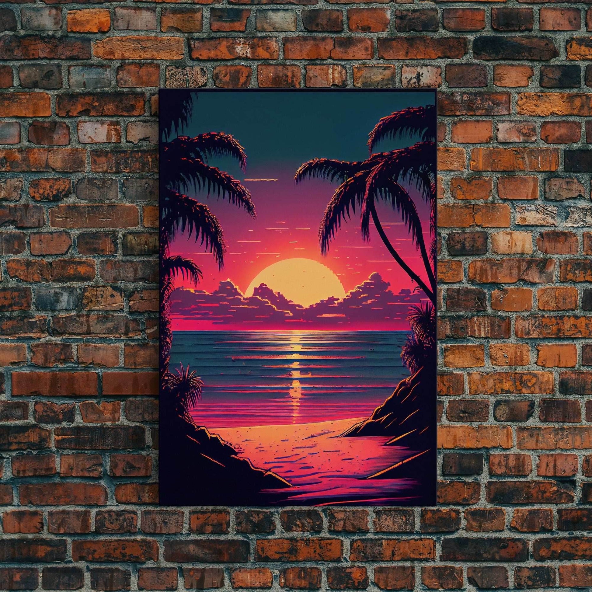 8 bit pixel art sunset, synthwave style palm tree beach, framed canvas print, framed wall art painting - 8x12 Inches / Gallery Wrap Canvas - Ready To Hang