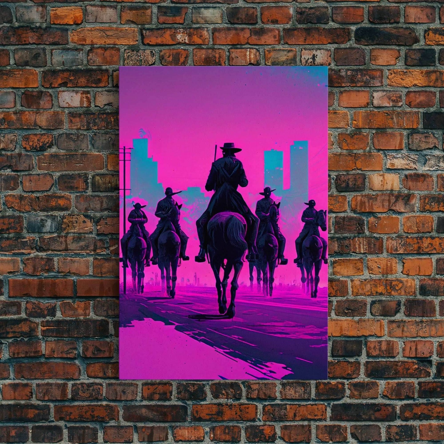 Post-Apocalyptic Cowboys, Vaporwave Aesthetic fantasy art, framed canvas print - 8x12 Inches / Gallery Wrap Canvas - Ready To Hang