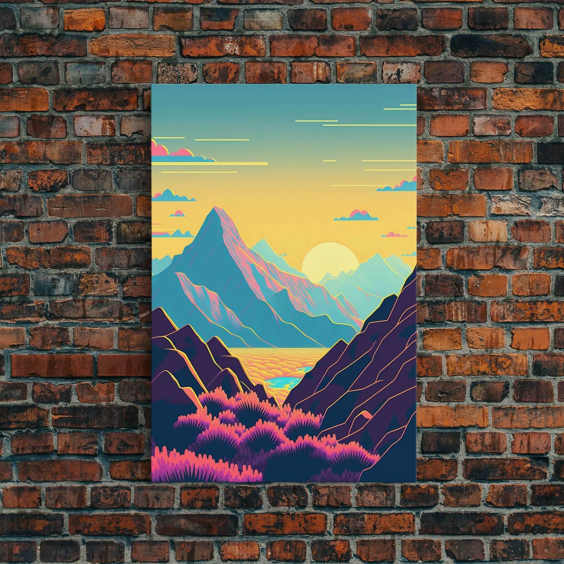 Peach Sunset, Fantasy Mountain Landscape Art, Framed Canvas Print, Minimalist Art Deco Inspired Wall Art - 8x12 Inches / Gallery Wrap Canvas - Ready To Hang