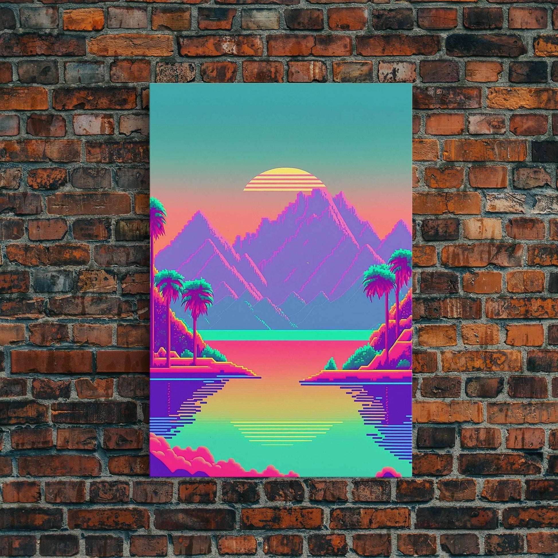 Retro Vaporwave Aesthetic Pixel Art Sunset, Turquoise and Pink Fantasy Landscape Art, Gamer Decor, Game Room Art - 8x12 Inches / Gallery Wrap Canvas - Ready To Hang