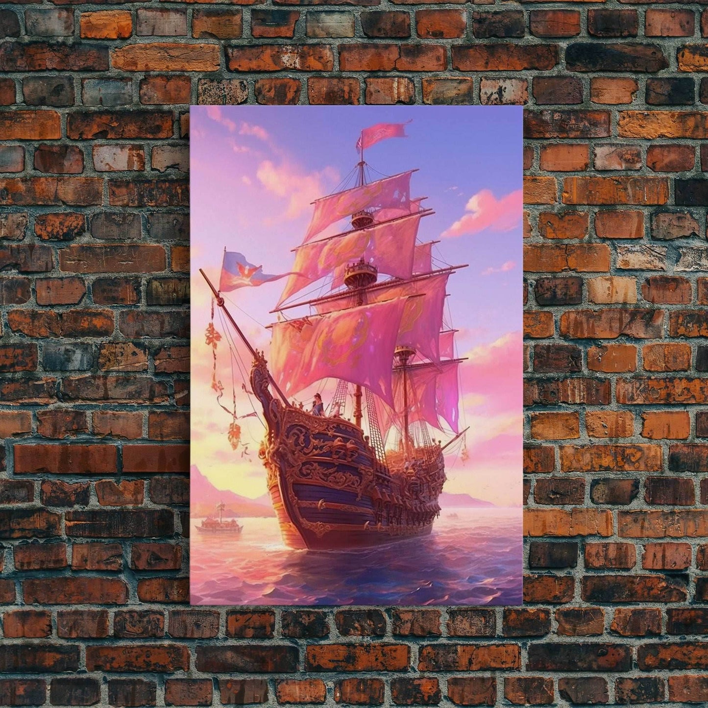 Gothic Pirate Ship at Sunset, Framed Canvas Print, Fantasy Wall Art, Wall Decor, Pirate Wal Art, Gift For Him, Kid's Room Art - 8x12 Inches / Gallery Wrap Canvas - Ready To Hang