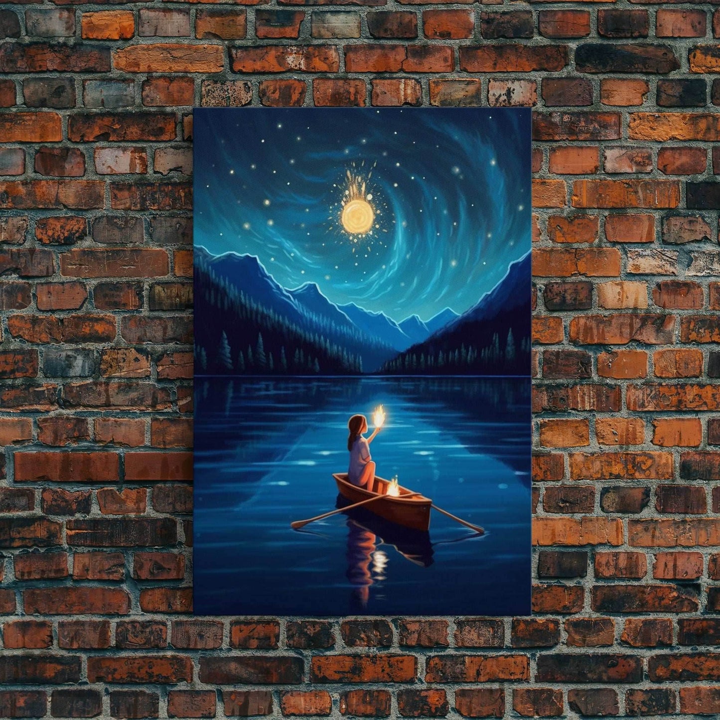 Starry Night, Girl Wizard Lights Up The Night Sky, Fantasy Art, Framed Canvas Print, Fantasy Painting Print, Original Art - 8x12 Inches / Gallery Wrap Canvas - Ready To Hang
