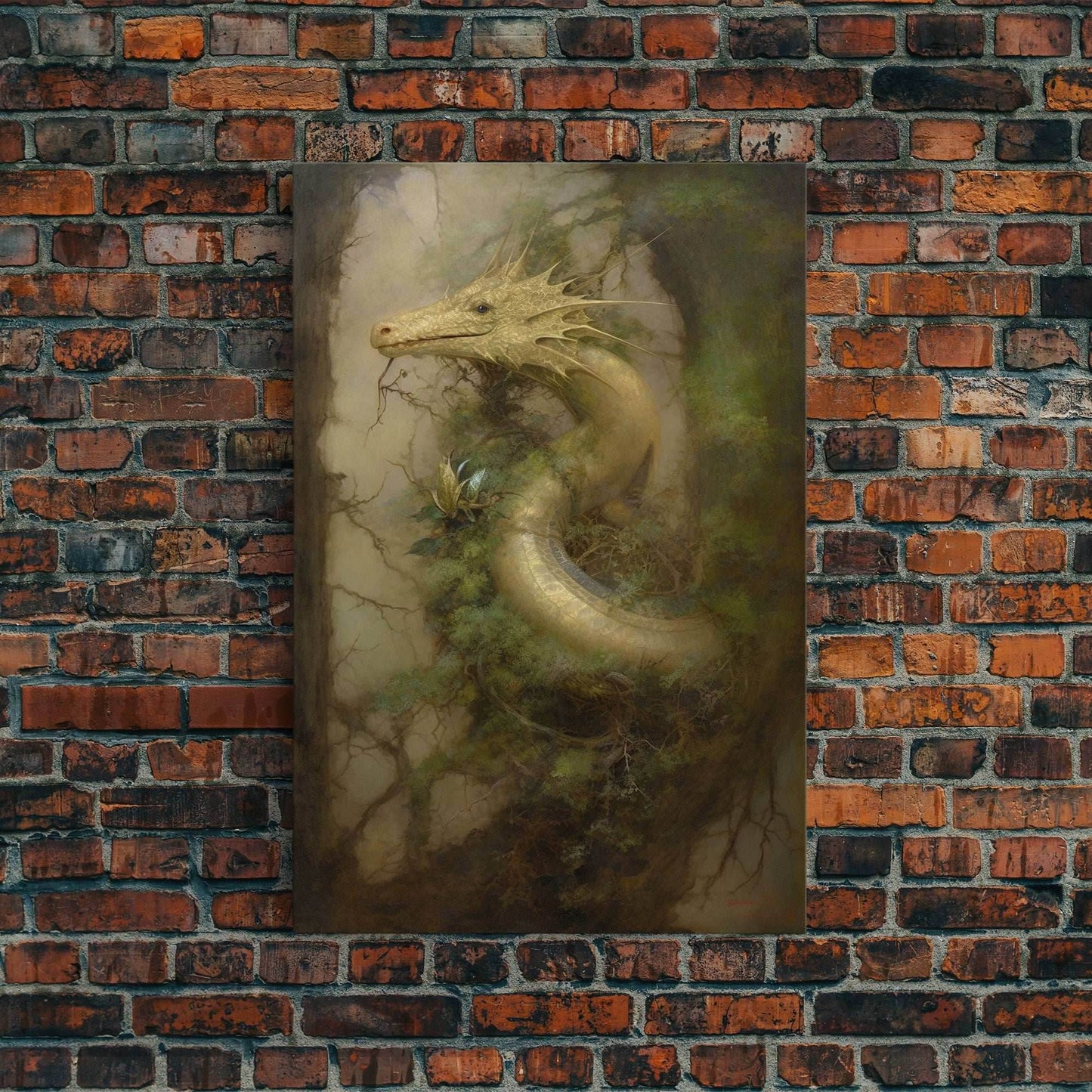 Majestic Green Dragon Wall Art, Framed Canvas Print, Dragon Fantasy Painting, Garden Dragon Abstract Fantasy Art - 8x12 Inches / Gallery Wrap Canvas - Ready To Hang