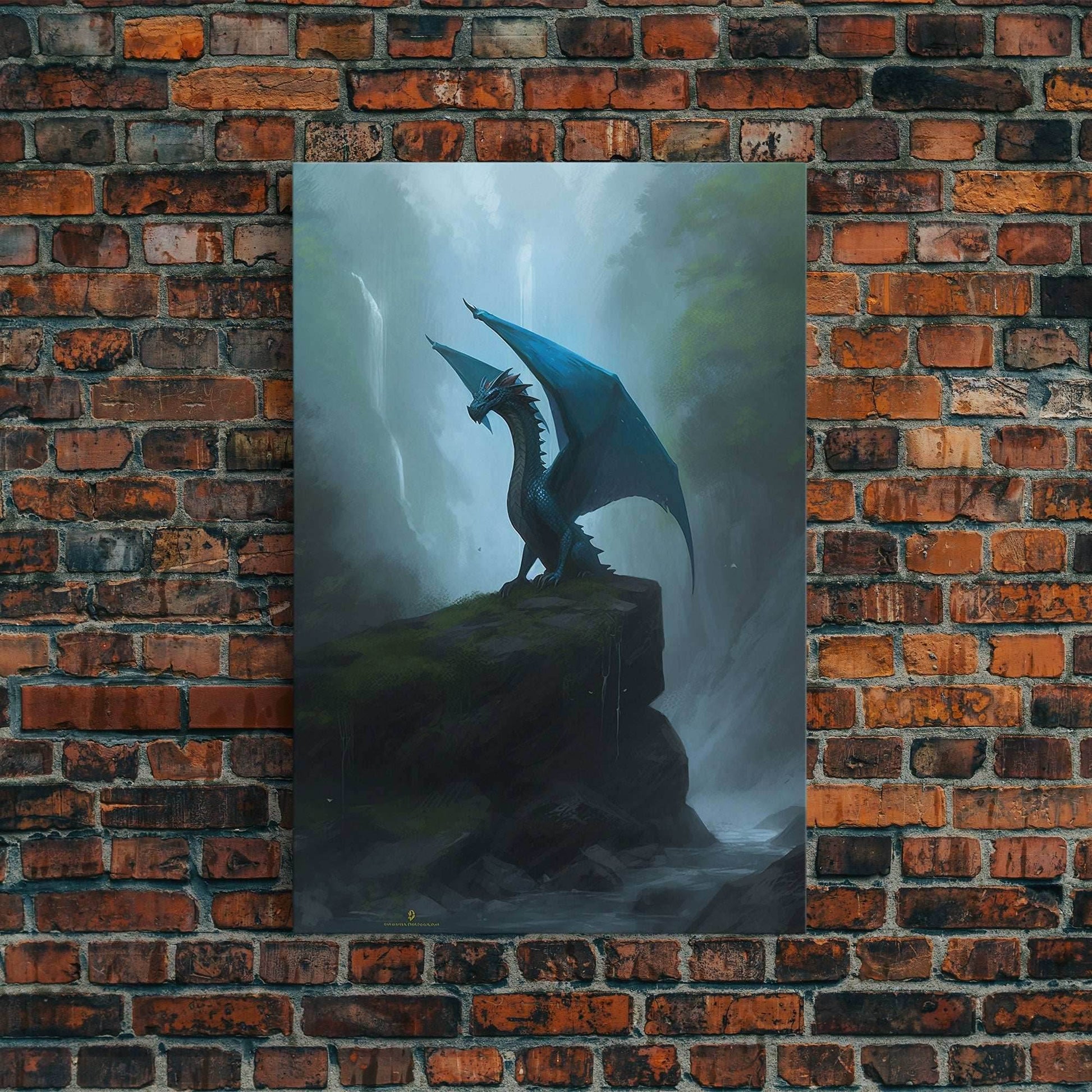Majestic Forest Dragon Wall Art, Framed Canvas Print, Dragon Fantasy Painting, Forest Dragon Behind Secret Waterfalls Abstract Fantasy Art - 8x12 Inches / Gallery Wrap Canvas - Ready To Hang